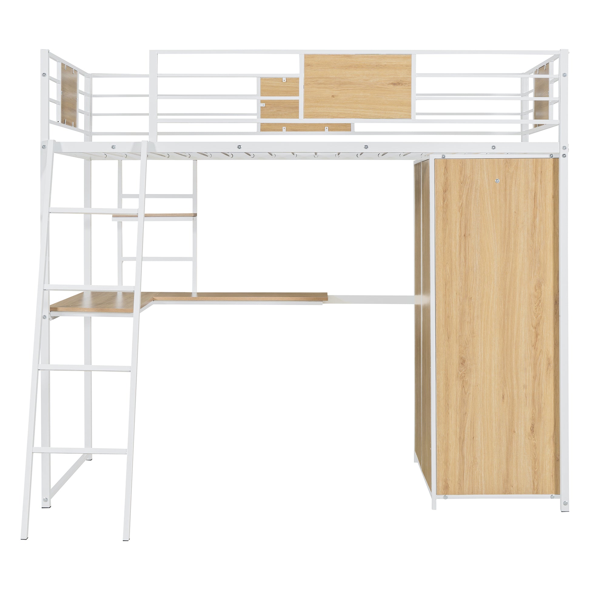 Twin Size Loft Bed With L Shape Desk And Wardrobe, White Twin White Metal & Wood