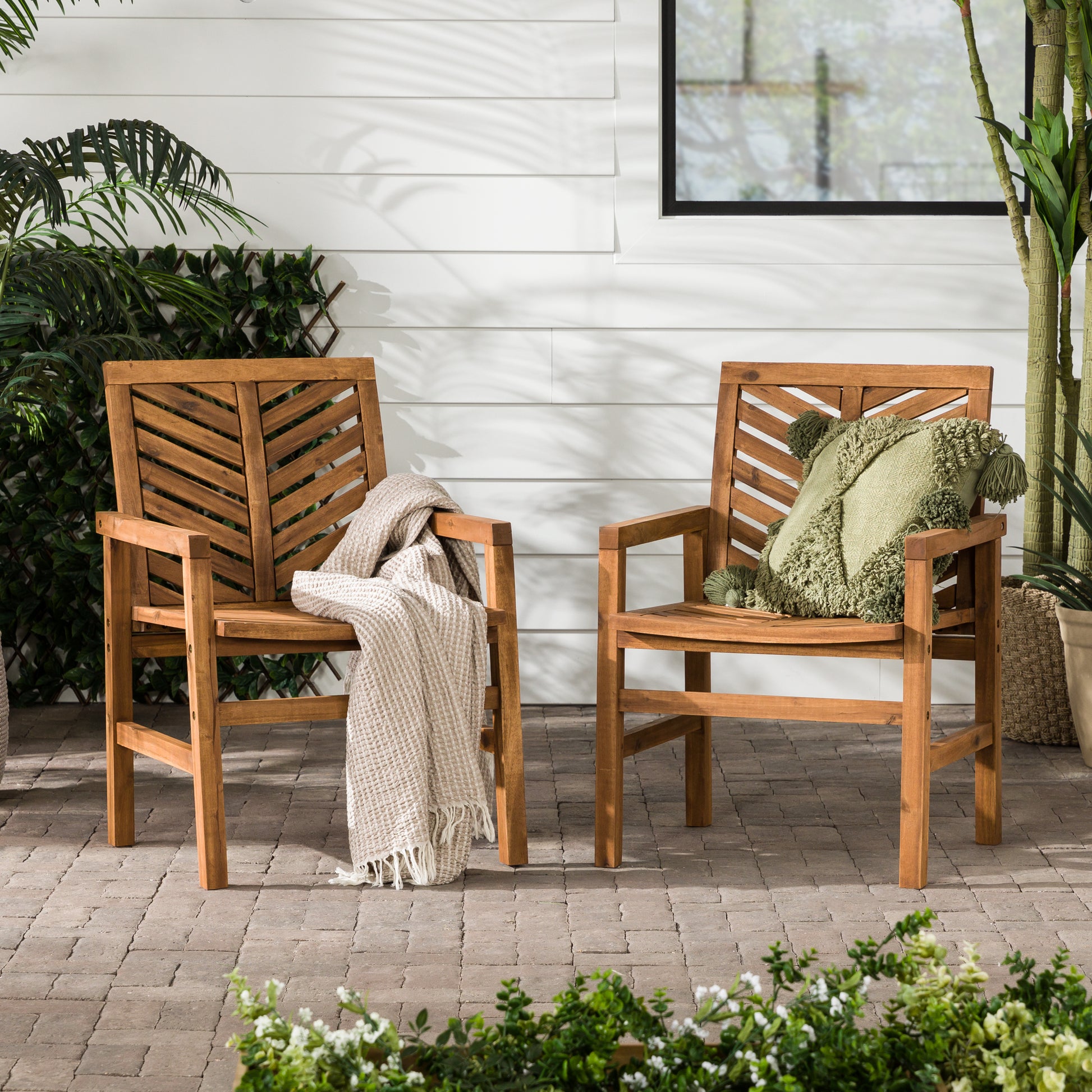 Modern 2 Piece Chevron Patio Chairs Brown Brown Acacia Wood