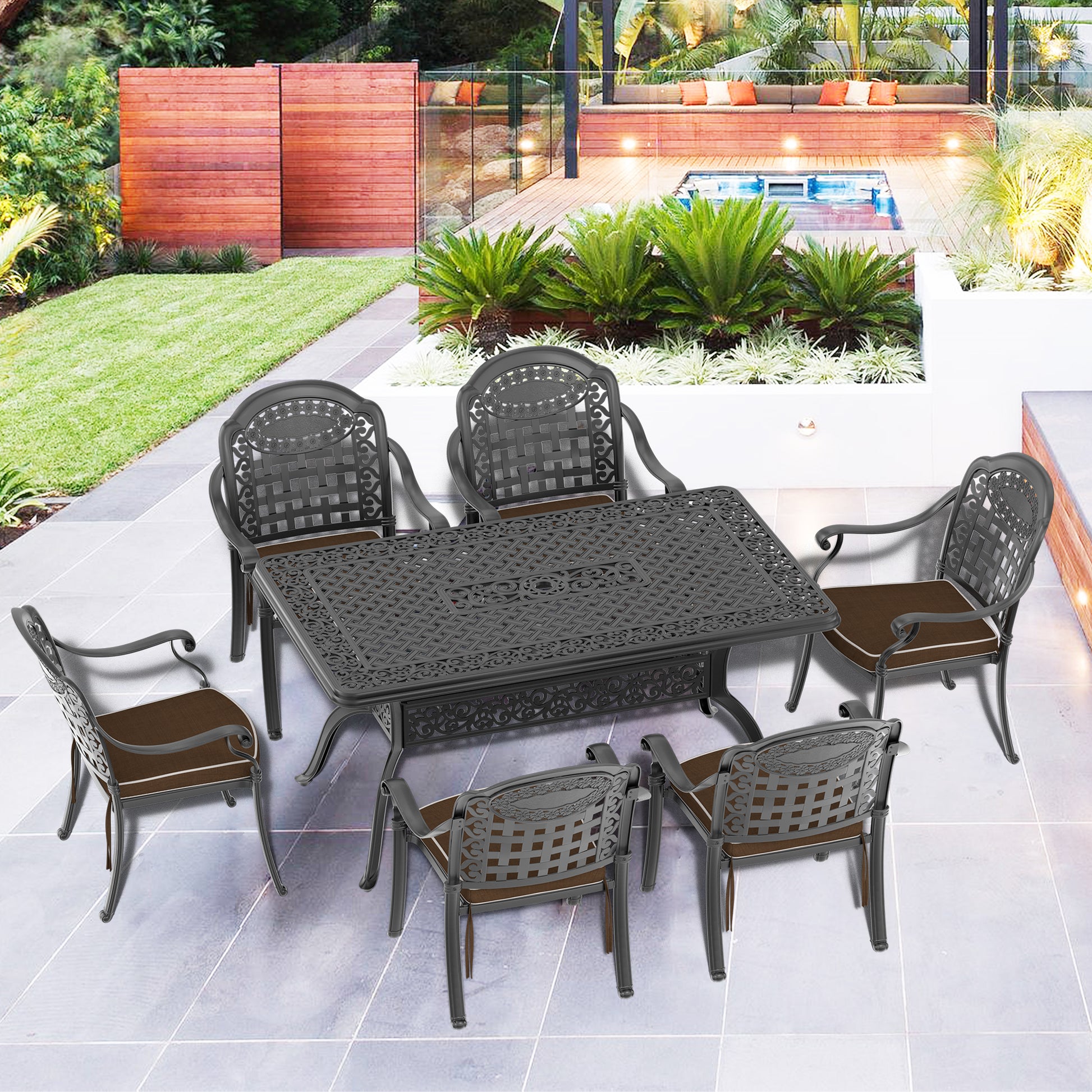 Cushions In Random Colors 7 Piece Set Of Cast Aluminum Patio Furniture With Cushions Yes Dining Set Black Seats 6 Rust Resistant Frame Water Resistant Cushion Garden & Outdoor Complete Patio Sets Aluminium