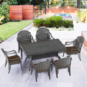 Cushions In Random Colors 7 Piece Set Of Cast Aluminum Patio Furniture With Cushions Yes Dining Set Black Seats 6 Rust Resistant Frame Water Resistant Cushion Garden & Outdoor Complete Patio Sets Aluminium