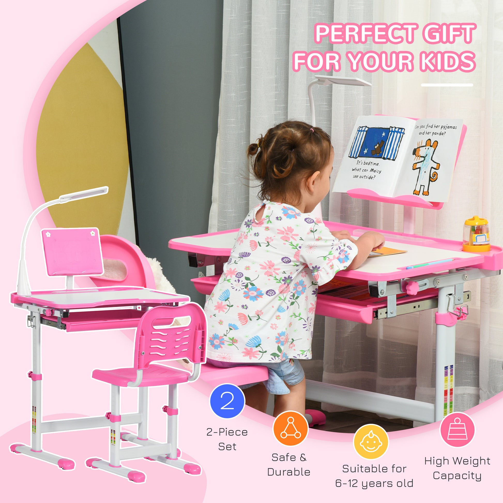 Qaba Kids Table And Chair Set, Activity Desk With Usb Light, Storage Drawer For Study, Activities, Arts, Or Crafts, Pink And White Pink Plastic