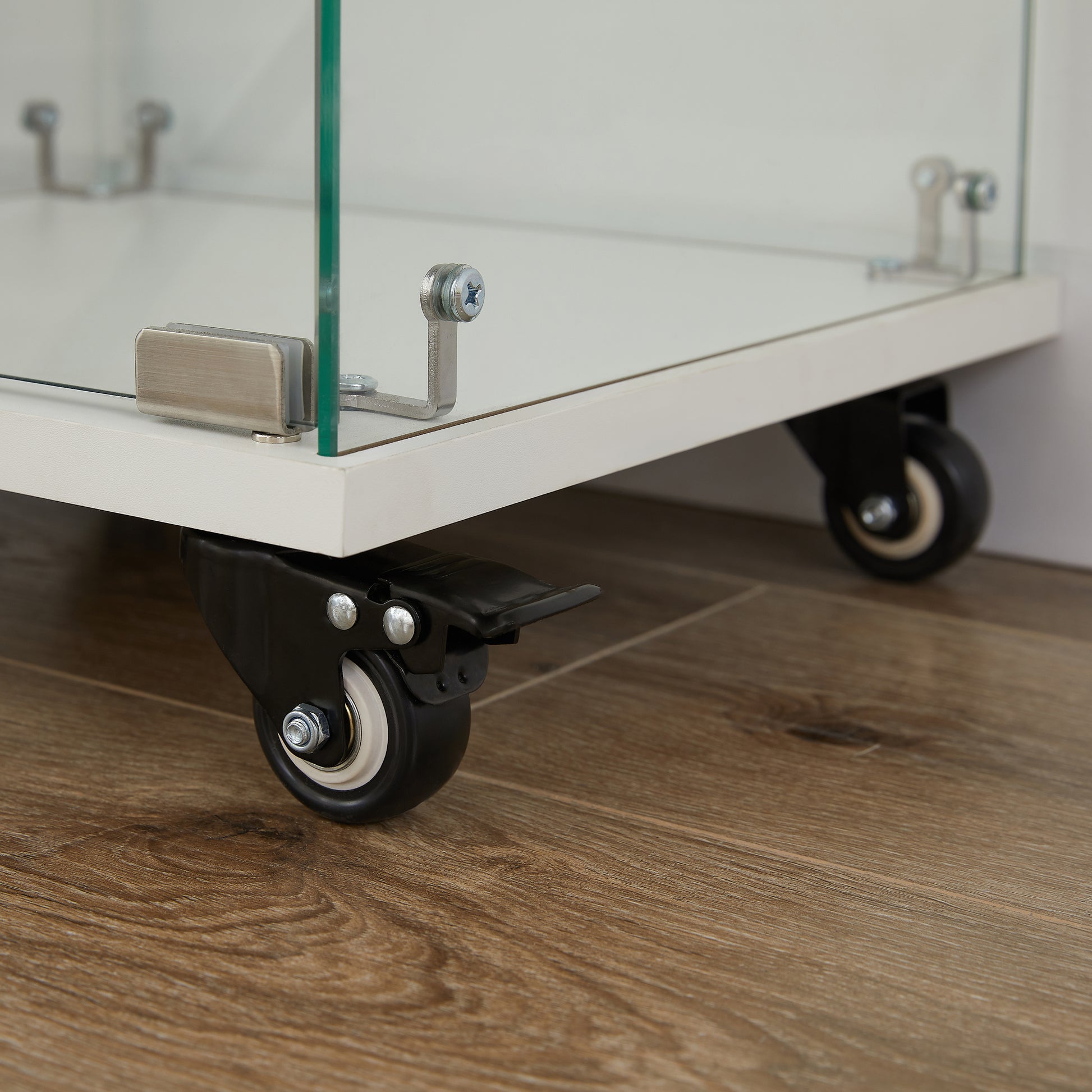 4 Tier Glass Display Cabinet, Single Door Glass Cabinet With Lock And Wheels, Floor Standing Storage Cabinet With 3 Acrylic Shelves For Living Room, Bedroom And Office, White, 15.8"L X 14.2"W X