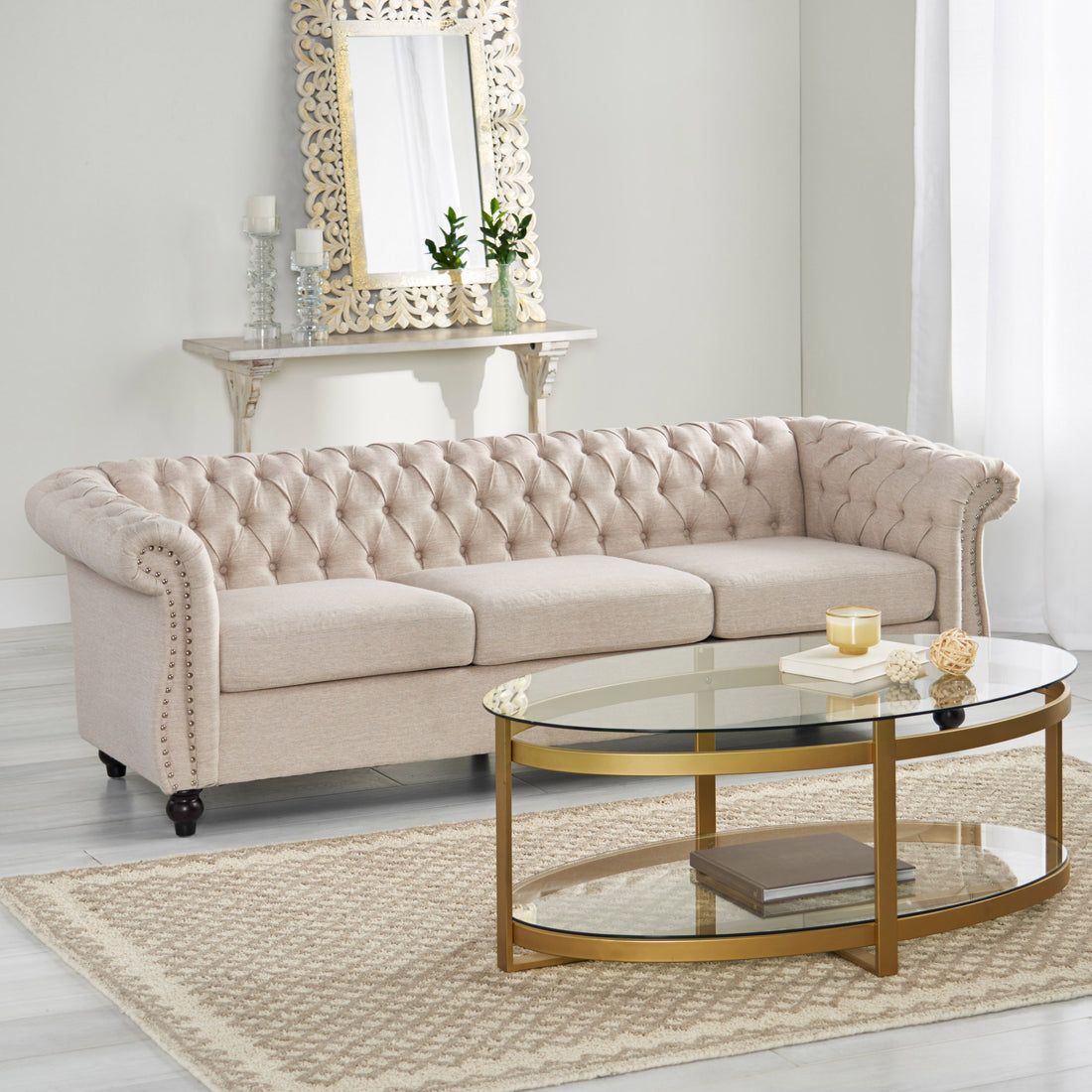 Sofa 3 Seater Beige Fabric