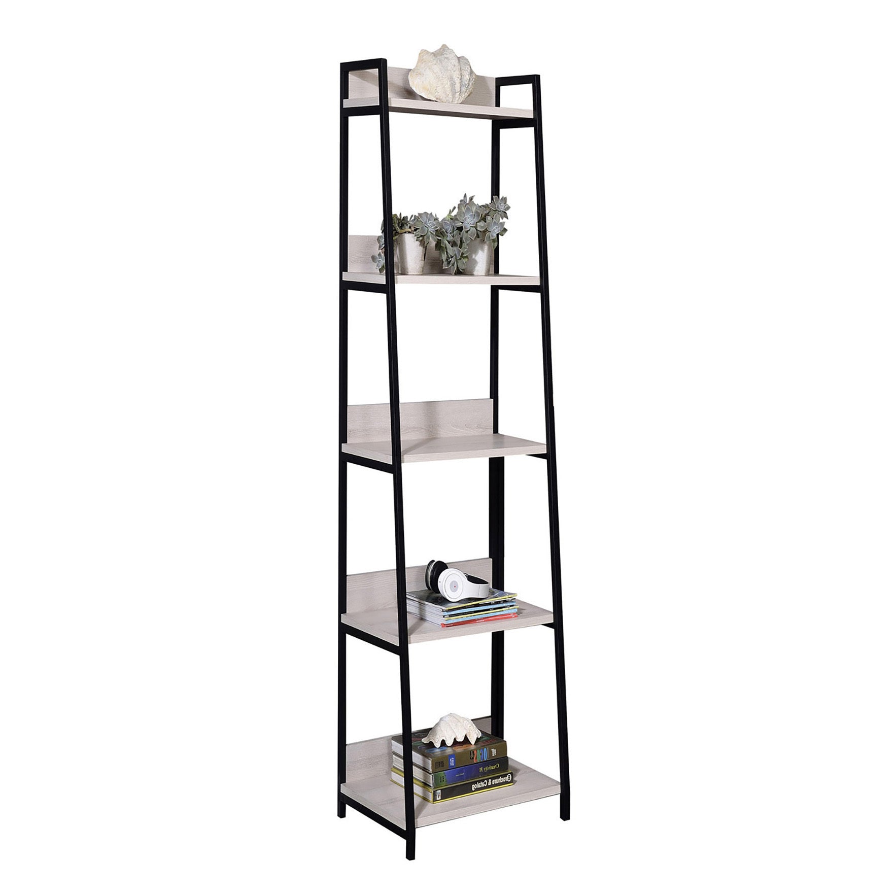 Natural And Black 5 Tier Ladder Bookshelf 5 Natural Black Horizontal Primary Living Space Open Back Industrial Adjustable Shelves Wood Metal