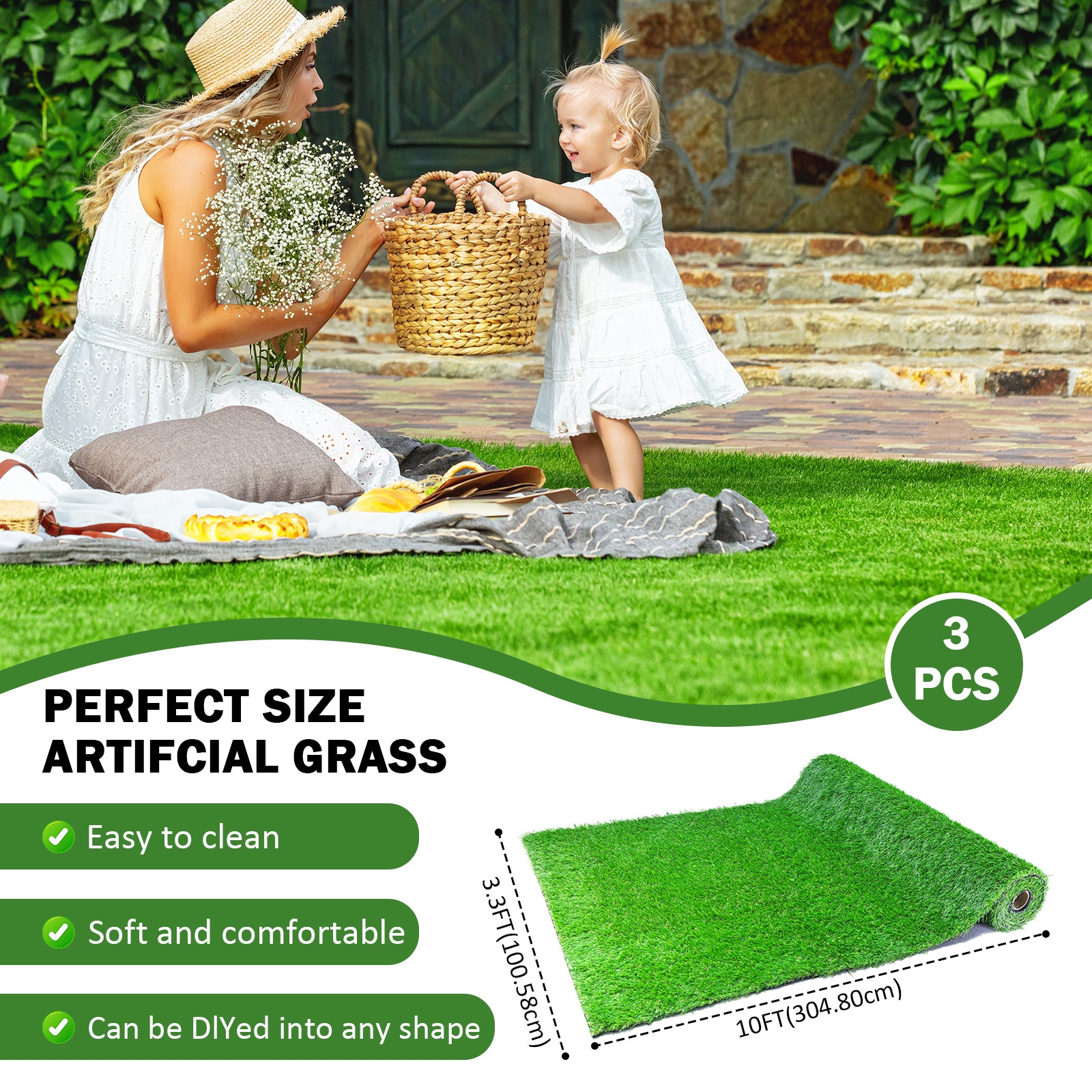 3Pack 3.3Ftx10Ft Artificial Grass Realistic Synthetic Thick Fake Faux Grass Rug Astroturf Carpet Landscape For Dogs Indoor Outdoor Garden Lawn Mat, With Drainage Holes Green Polypropylene