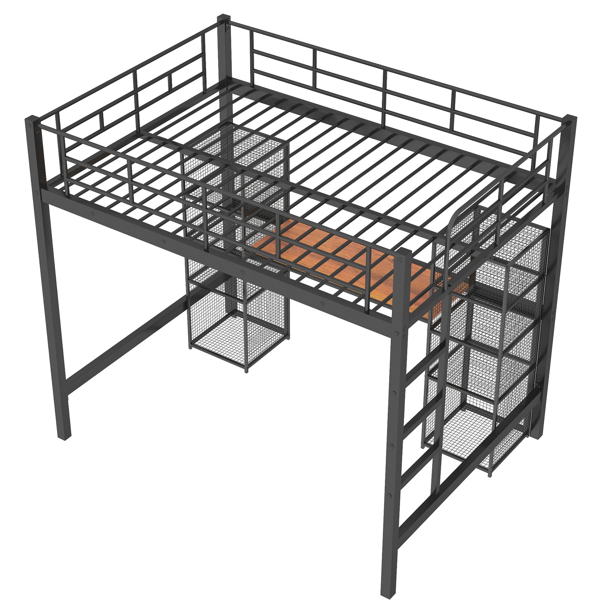 Full Size Metal Loft Bed With Built In Desk And Shelves, Black Brown Box Spring Not Required Full Black Brown Metal Bedroom Mdf Metal