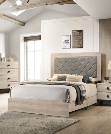 Contemporary 1Pc Cream Finish Queen Size Bed Bedroom Furniture Gray V Design Headboard Rubberwood 1Pc Bedframe Box Spring Required Queen Cream Grey Wood Bedroom