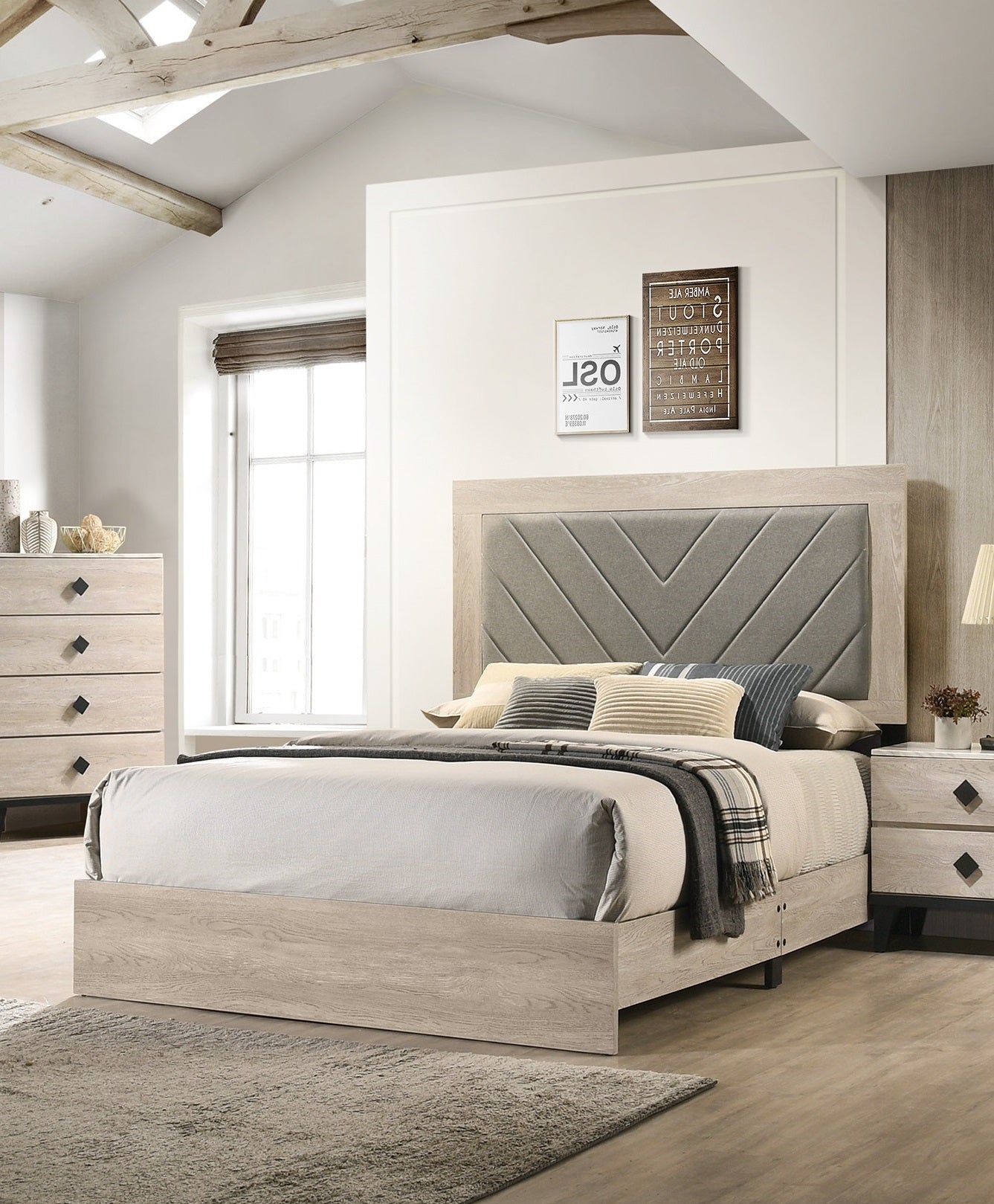 Contemporary 1Pc Cream Finish California King Size Bed Bedroom Furniture Gray V Design Headboard Rubberwood 1Pc Bedframe Box Spring Required California King Cream Grey Wood Bedroom