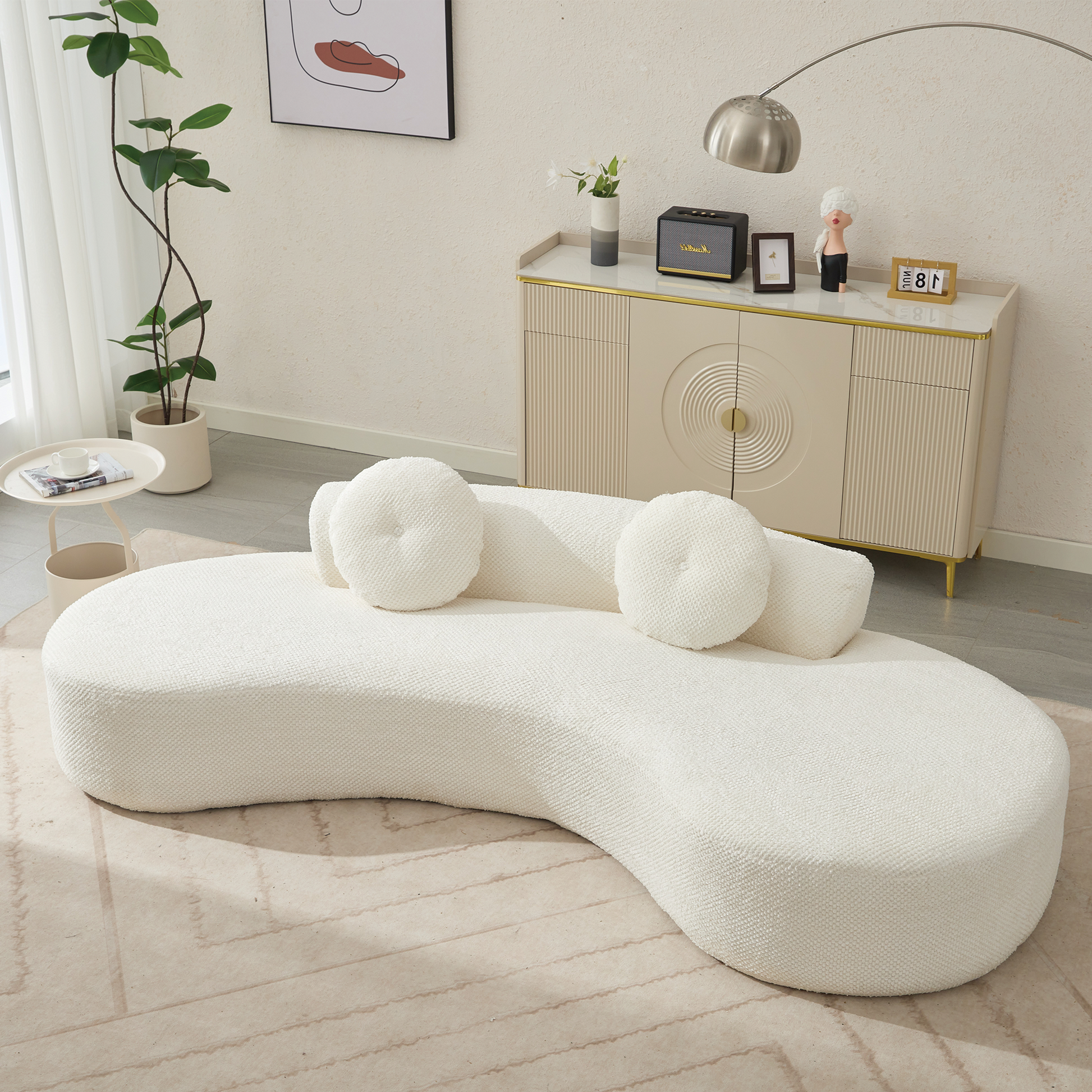 Arrived 105.5''Curved Sofa, Modern Minimalist Sofa, Cloud Couch Sofa 3 4 Seater Couch With 2 Pillows,Bedroom, No Assembly Required, Point Shaped Corduroy, Anti Wrinkle Beige Beige Polyester Primary Living Space Tight Back Soft Modern Foam Upholstered 3