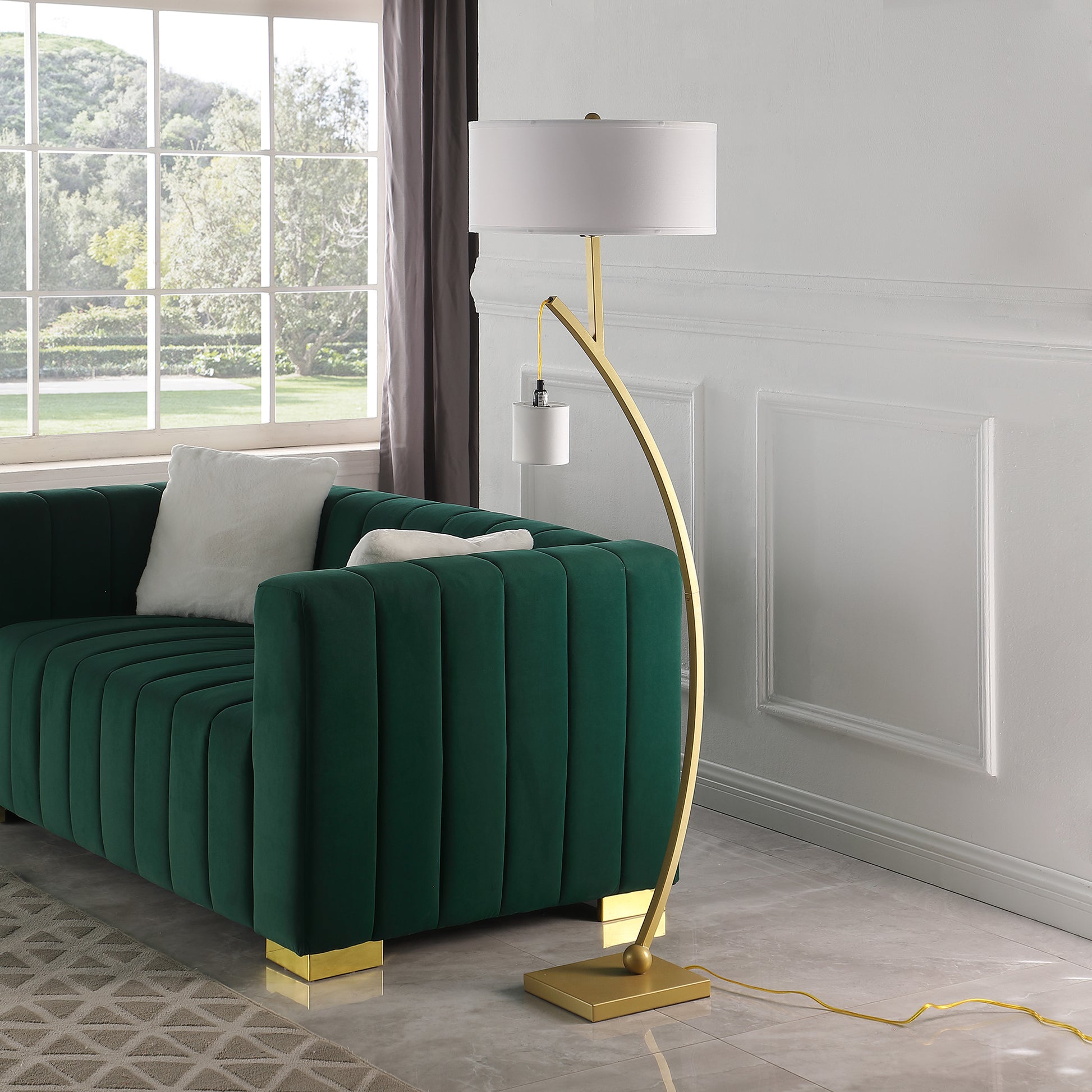 59" In Contemporary Dual Gold Arc W Hanging Pendelum Lamp Metal Floor Lamp Gold Fabric Metal