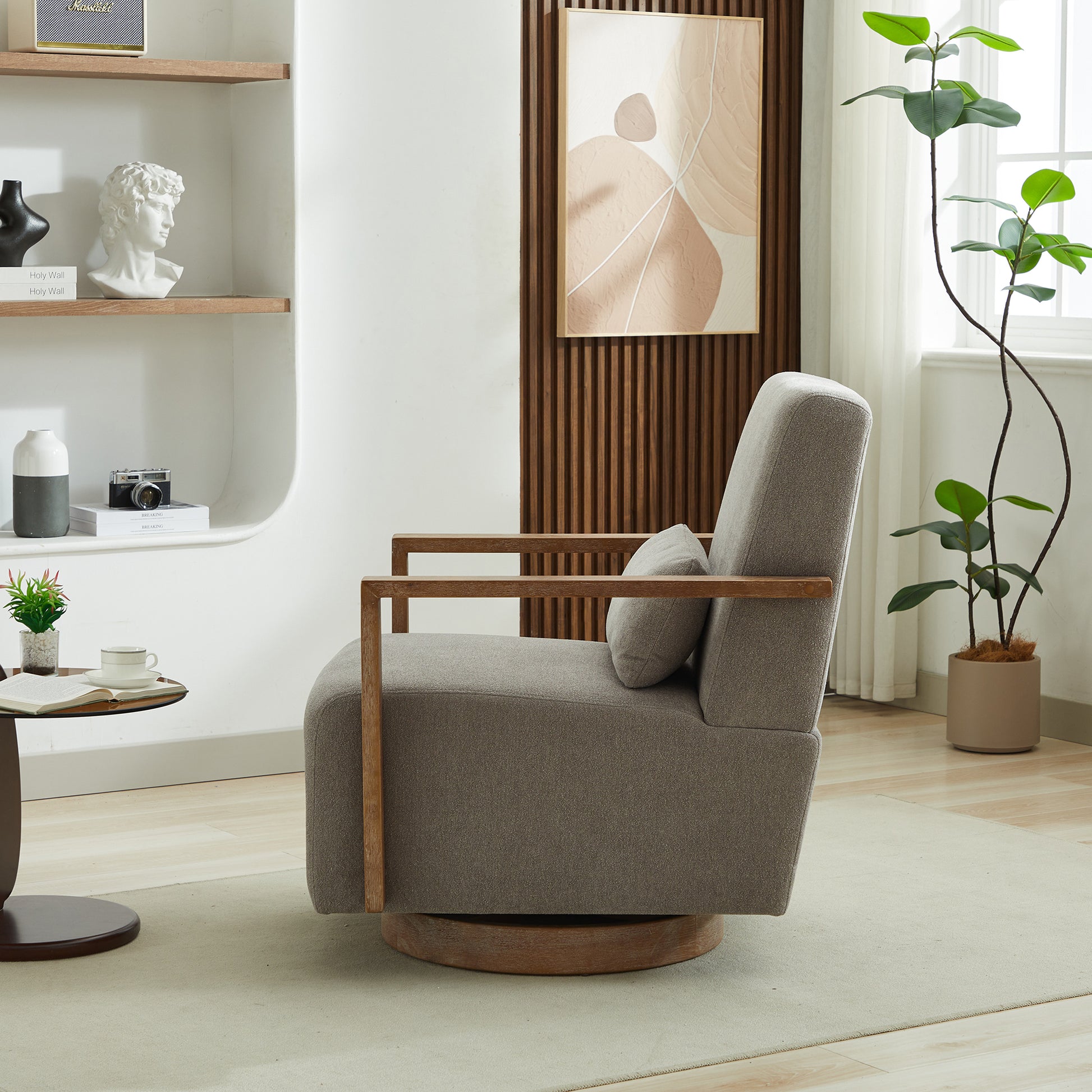 30.3"W Swivel Modern Upholstered Accent Chair With Solid Wood Armrests And 360 Degree Comfy Lounge Reading Chair, Side Armchair For Hotel, Bedroom, Living Room, Office, And Nursery Room. Gray Gray Linen Blend