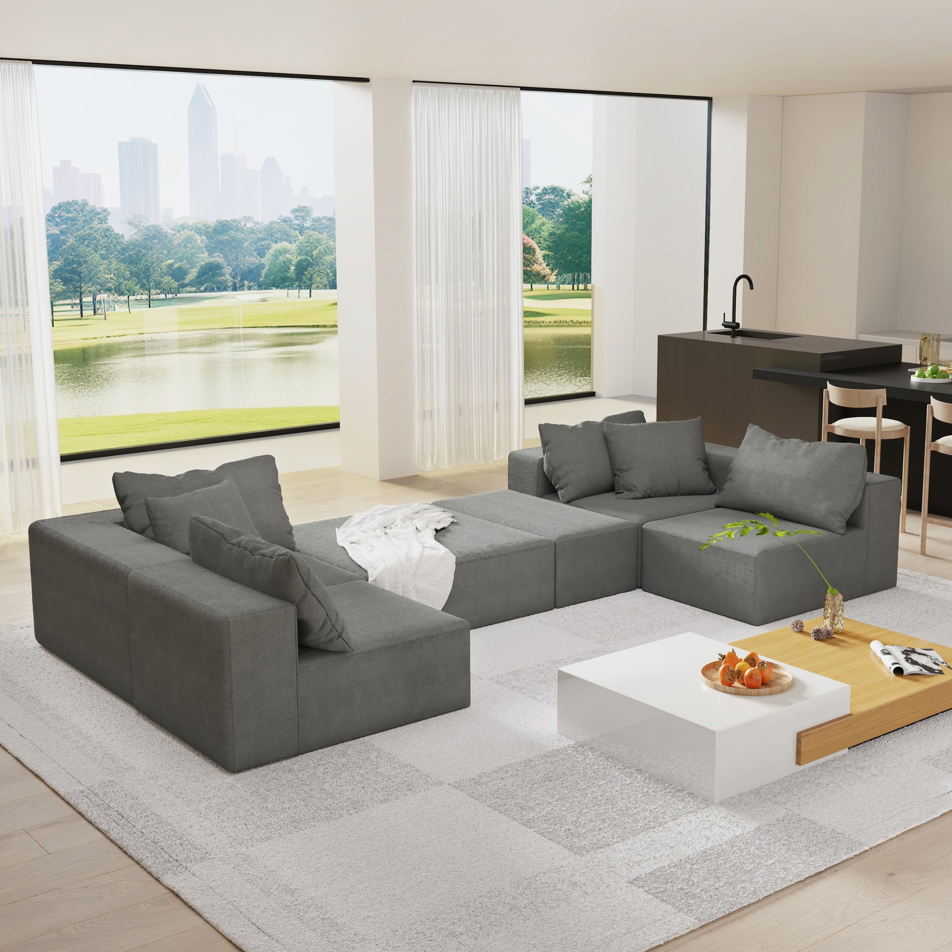 Modern Upholstered Sectional Sofa Couch Set,Modular 132" L Shaped Sectional Living Room Sofa Set With 6 Pillows,Free Combination Sofa Couch For Living Room,Bedroom Grey Foam Chenille 6 Seat