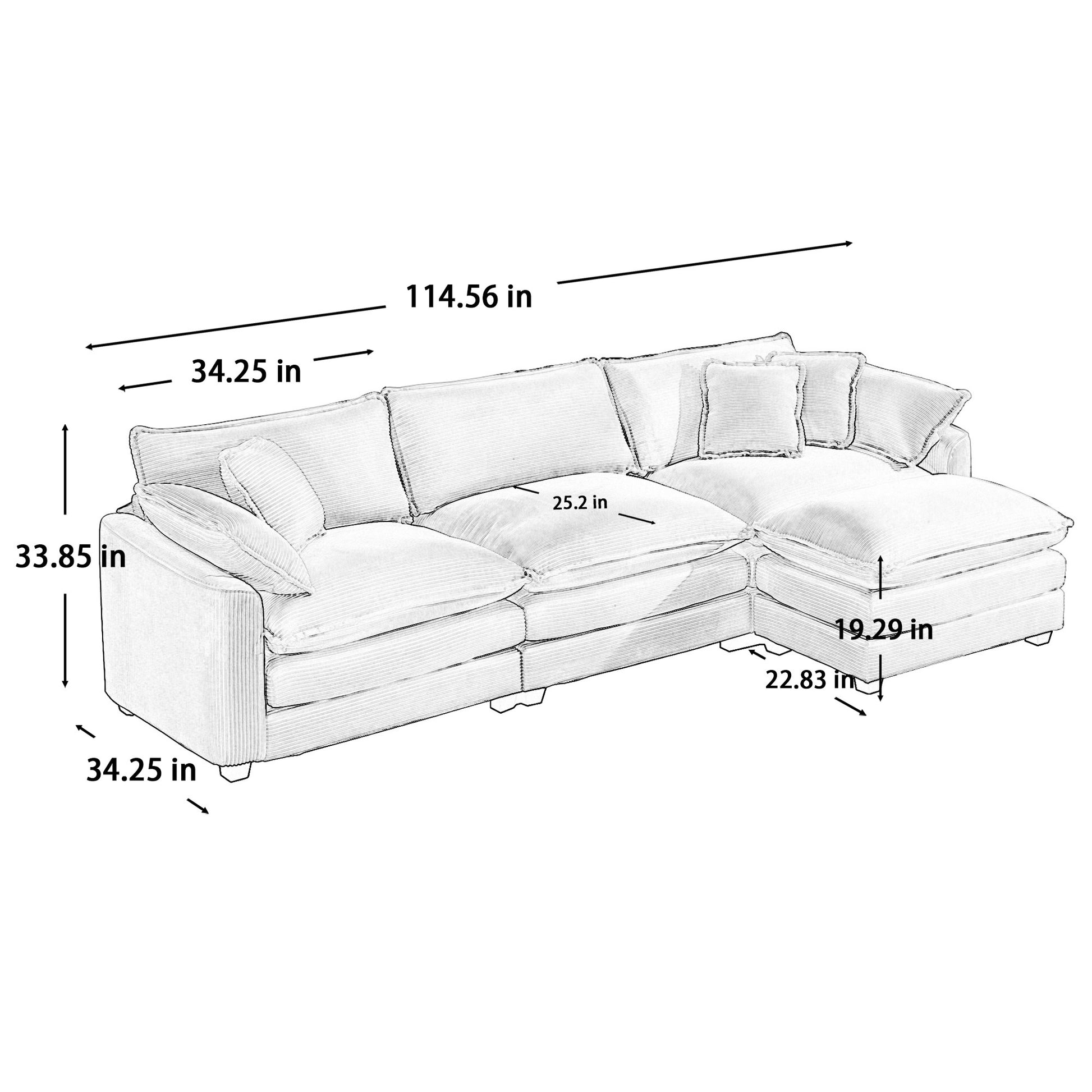 Corduroy 3 Seater Sofa With 1 Footrest, L Shaped Double Sofa With Ottoman For Small Living Rooms, Grey Corduroy Sofa Grey Corduroy 3 Seat