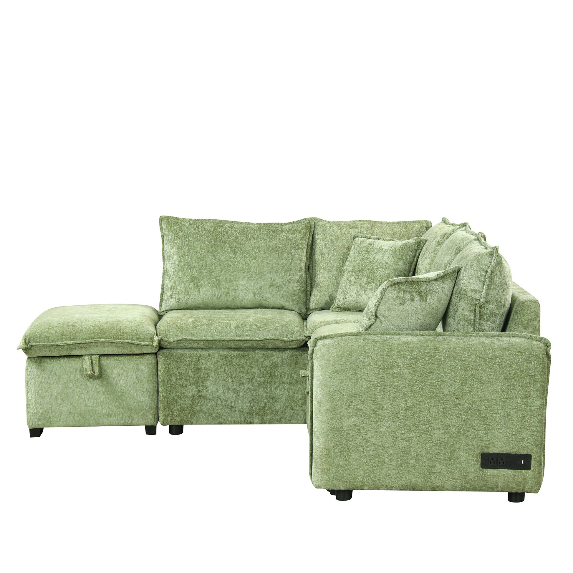 82.67"Convertible Sofa Bed Sectional Sofa Sleeper L Shaped Sofa With A Storage Ottoman,Two Pillows, Two Power Sockets And Two Usb Ports For Living Room, Green Green Foam Chenille 4 Seat