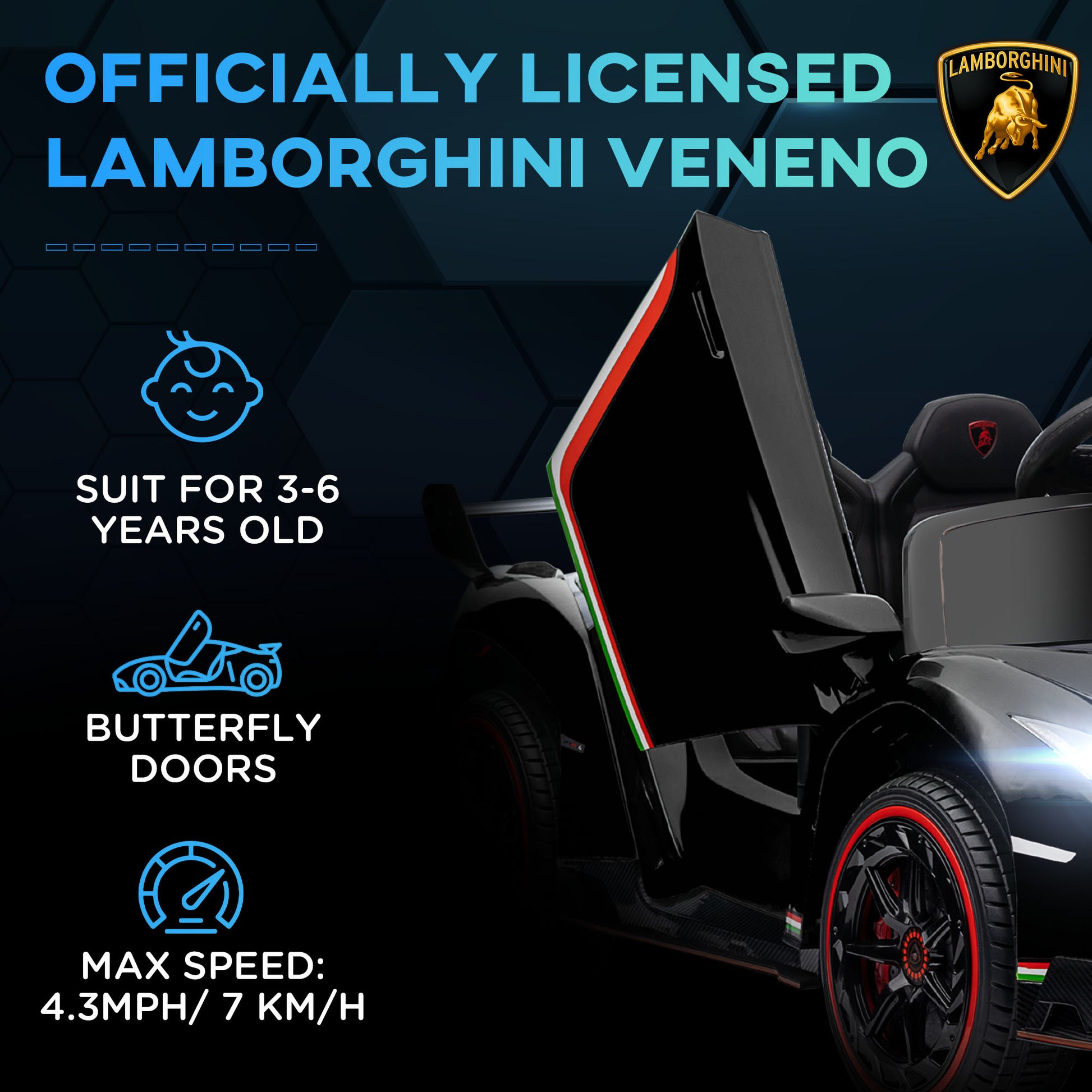 Aosom Lamborghini Veneno Licensed Kids Electric Car With Bluetooth, 12V Ride On Car With Butterfly Doors, Remote Control, Portable Battery, Suspension System, Horn, Songs, Lights, Black Black Plastic