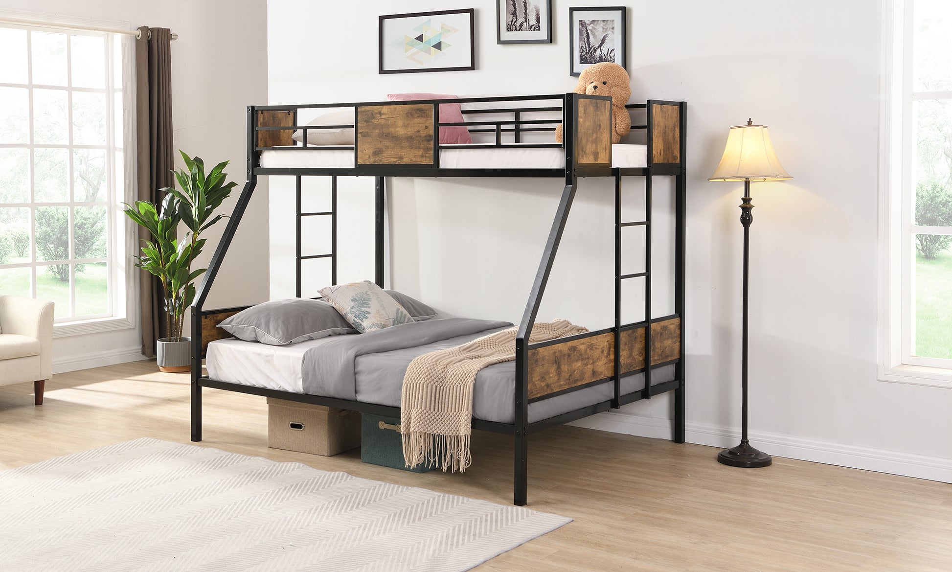 Twin Over Full Metal Bunk Bed With 2 Side Ladder And Full Length Guardrail, No Box Spring Needed, Large Under Bed Storage, Easy Assembleblack & Brown Full Black Brown Mdf Metal