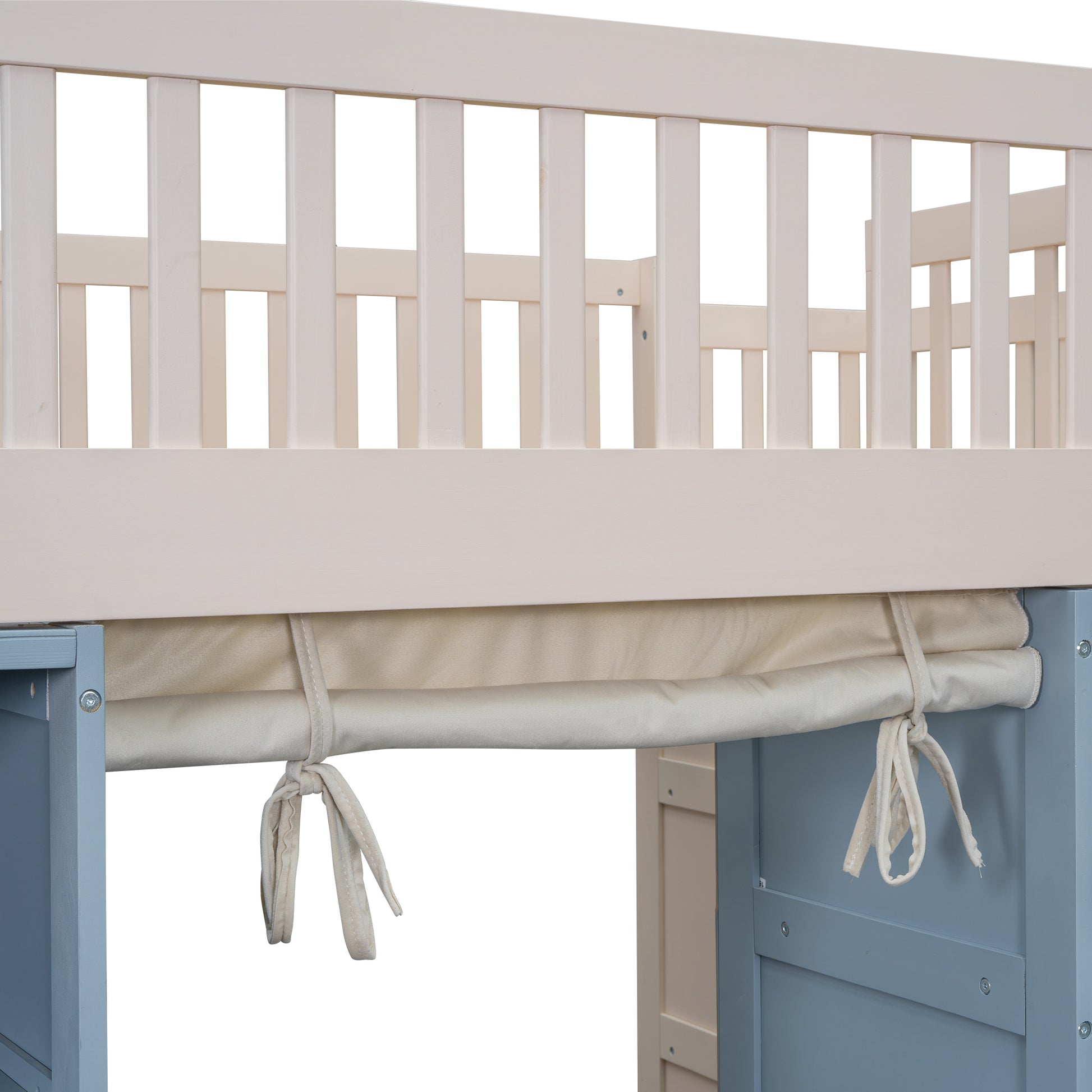 Full Size Loft Bed With 2 Four Layer Storage Cabinets And Curtain,White Blue White Solid Wood Mdf