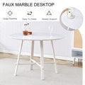 A Modern Minimalist Circular Dining Table With A 42 Inch Diameter White Patterned Tabletop And White Metal Legs. Suitable For Restaurants, Living Rooms, And Conference Rooms. White Mdf Metal