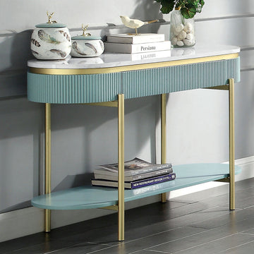 Glam Contemporary Light Teal 1Pc Sofa Table White Faux Marble Top Living Room Side Table Open Bottom Shelve Teal Primary Living Space Contemporary,Glam,Modern,Shabby Chic Metal