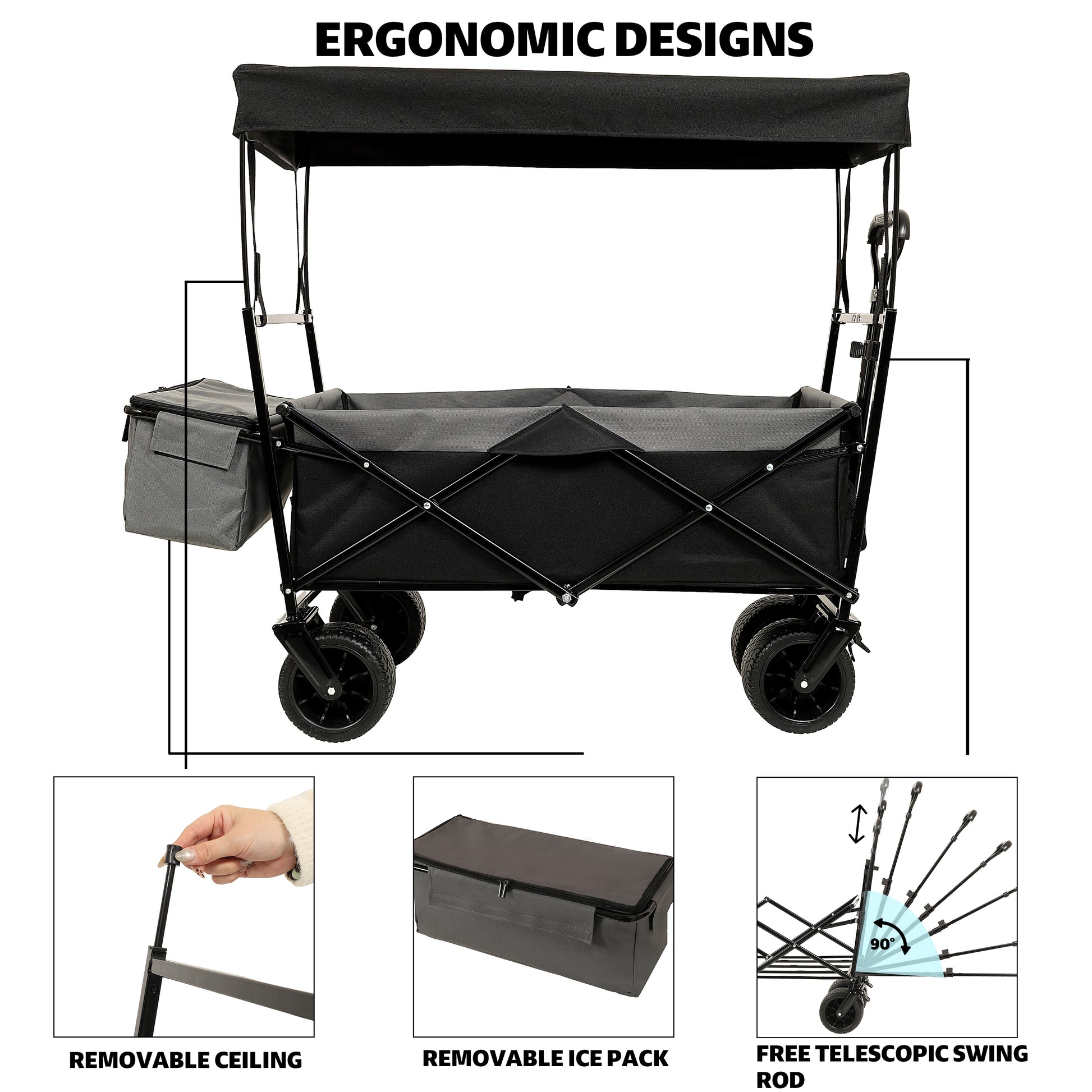 480Lbs Collapsible Wagon With Canopy,Wagon Stroller With 7" All Terrain Wheels, Lightweight Foldable Wagon, Large Capacity For Camping, Shopping, Sports, And Garden Use,Black With Mosquito Net Black