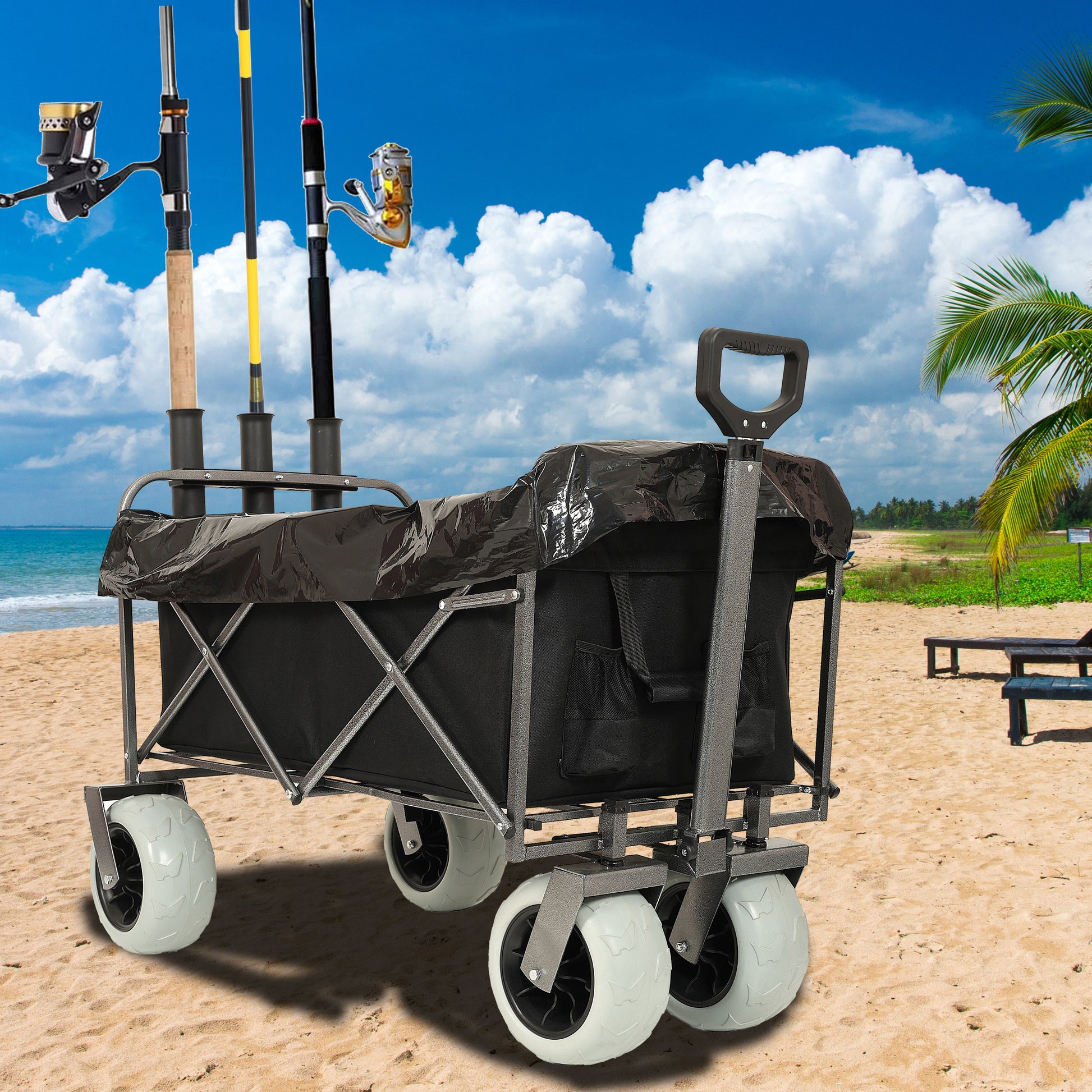 Fishing Cart With Rod Holders ,Beach Wagon With Big Wheels For Sand 500Lbs Capacity All Terrain Steel Frame Utility Cart With 9" Pneumatic Tires,Strap With Multiuse Bag ,Black Black Steel