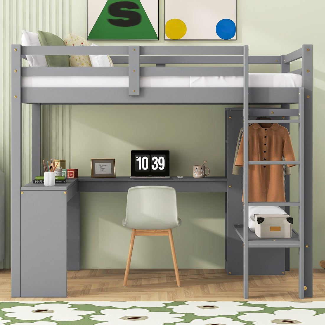 Twin Size Loft Bed With L Shaped Desk, Wardrobe And Storage Shelves, Grey Expected Arrival Time: 8.31 Box Spring Not Required Twin Grey Wood Bedroom Solid Wood Mdf