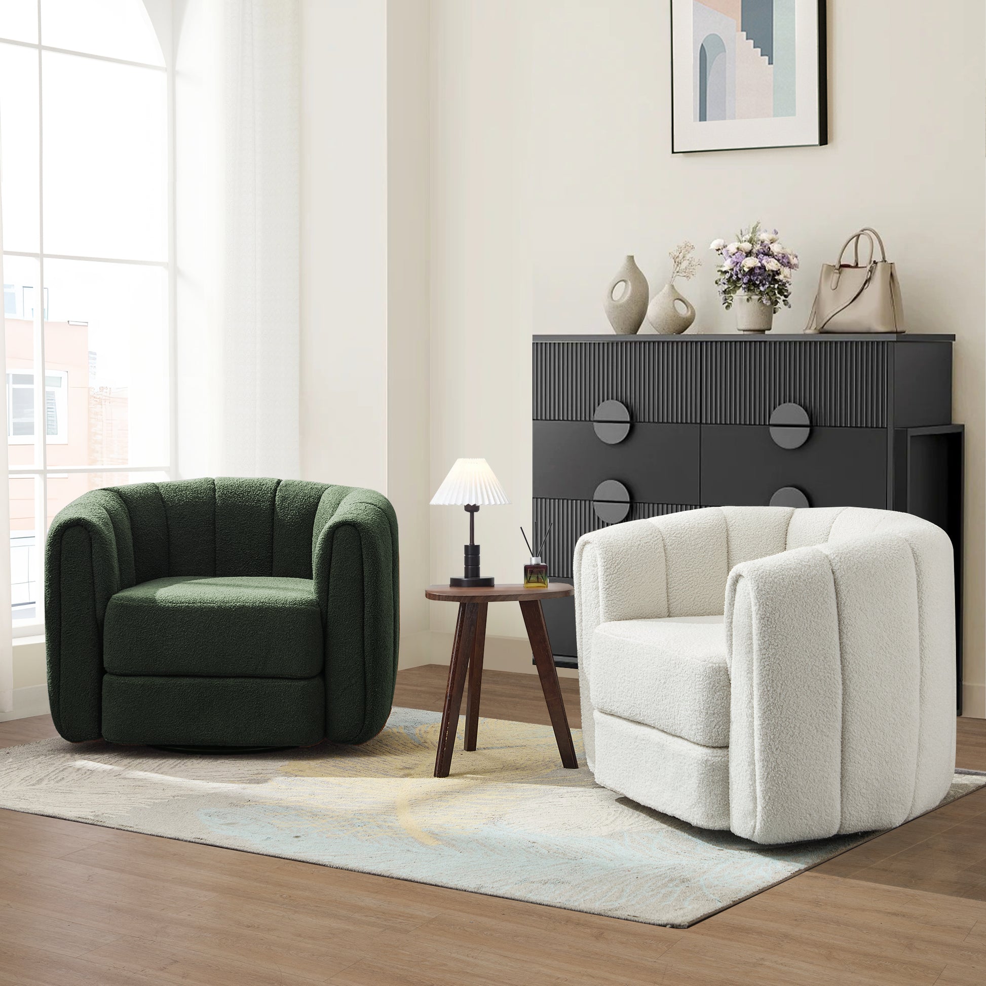 Swivel Accent Chair For Living Room, Sofa Chairs With Wood Base Side, Comfy Swivel Accent Chair With Wide Upholstered, For Living Room Green Dark Green Teddy