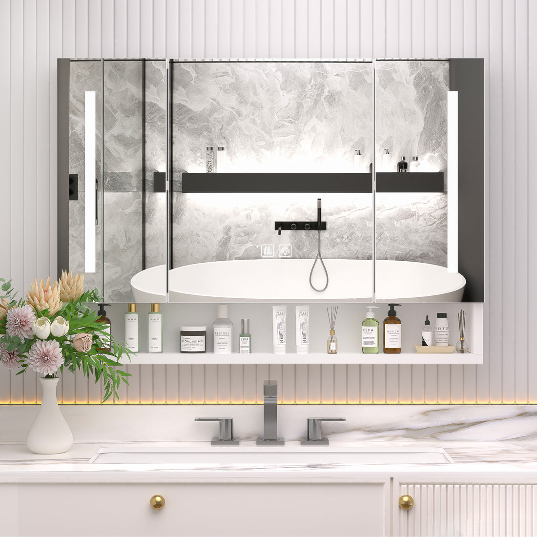 Modern 39X28 Inches Bathroom Cabinets, Medicine Cabinets With Mirrors And Led Lights, Bathroom Storage Cabinet With Multilevel Storage Compartments White 3 1 36 To 47 In 24 To 31 In Mirror Included Bathroom Wall Mounted Modern 5 10 Inches Aluminium