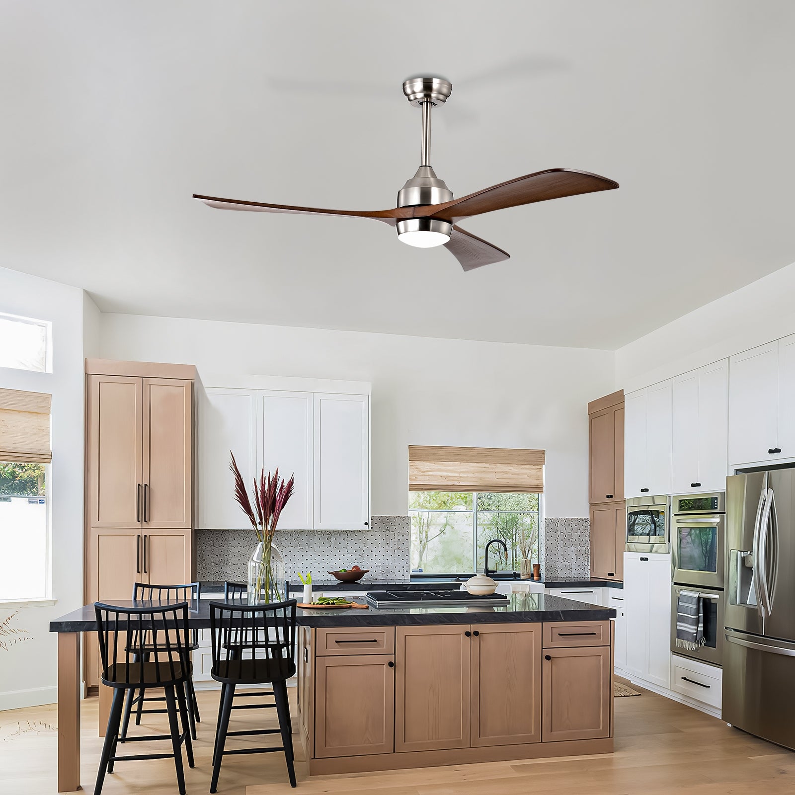 52" Ceiling Fan With Lights Remote Control,Quiet Dc Motor 3 Wood Blade Ceiling Fans 6 Speed Levels,Reversible Ceiling Fan, For Patio Living Room, Bedroom, Office,Indoor. Stain Nickel Walnut Nickel Contemporary,Farmhouse,Industrial Wood Iron