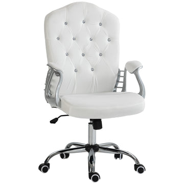 Vinsetto Home Office Chair, Velvet Computer Chair, Button Tufted Desk Chair With Swivel Wheels, Adjustable Height, And Tilt Function, White White Polyester