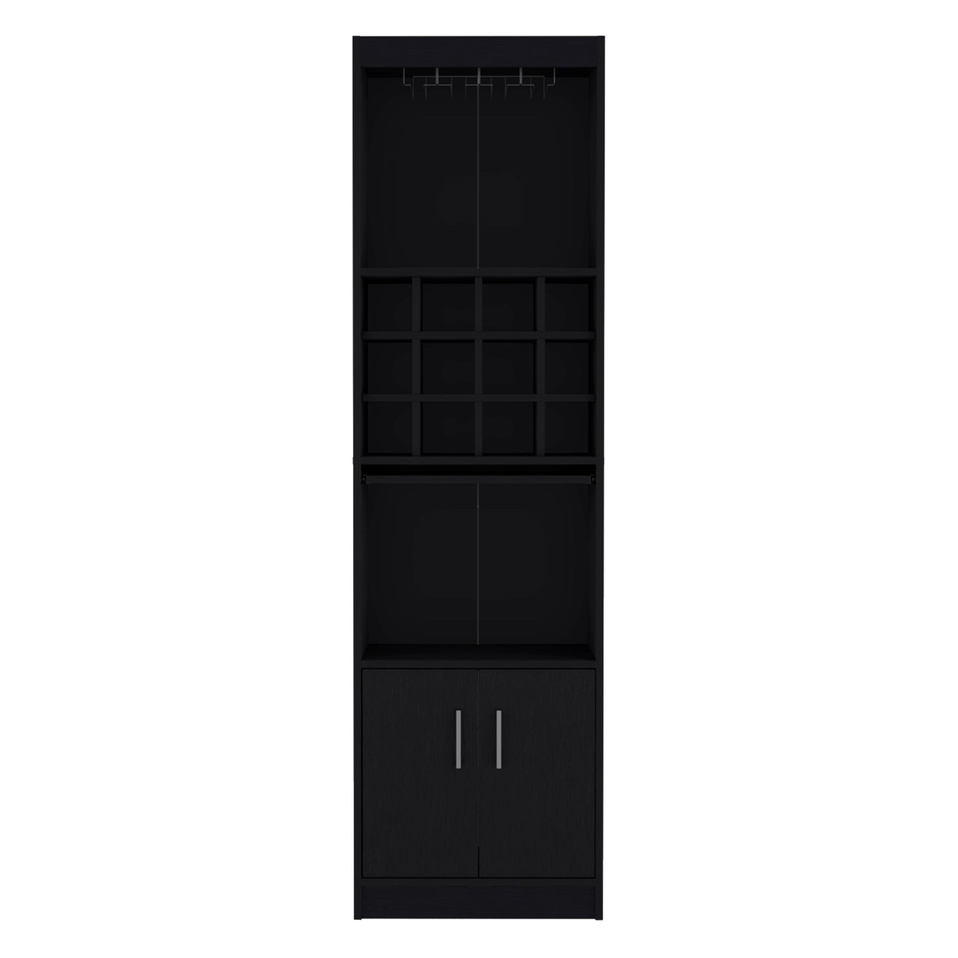 Kevil 71 Inch Tall Bar Cabinet 5 Tier Modern Bar Cabinet With Glass Holder Stemware Rack, Wine Cabinet, Liquor Cabinet, 12 Bottle Cubbies, 5 Shelves, And Pull Out Tray Black Primary Living Space Modern Particle Board Shelves Included Engineered Wood