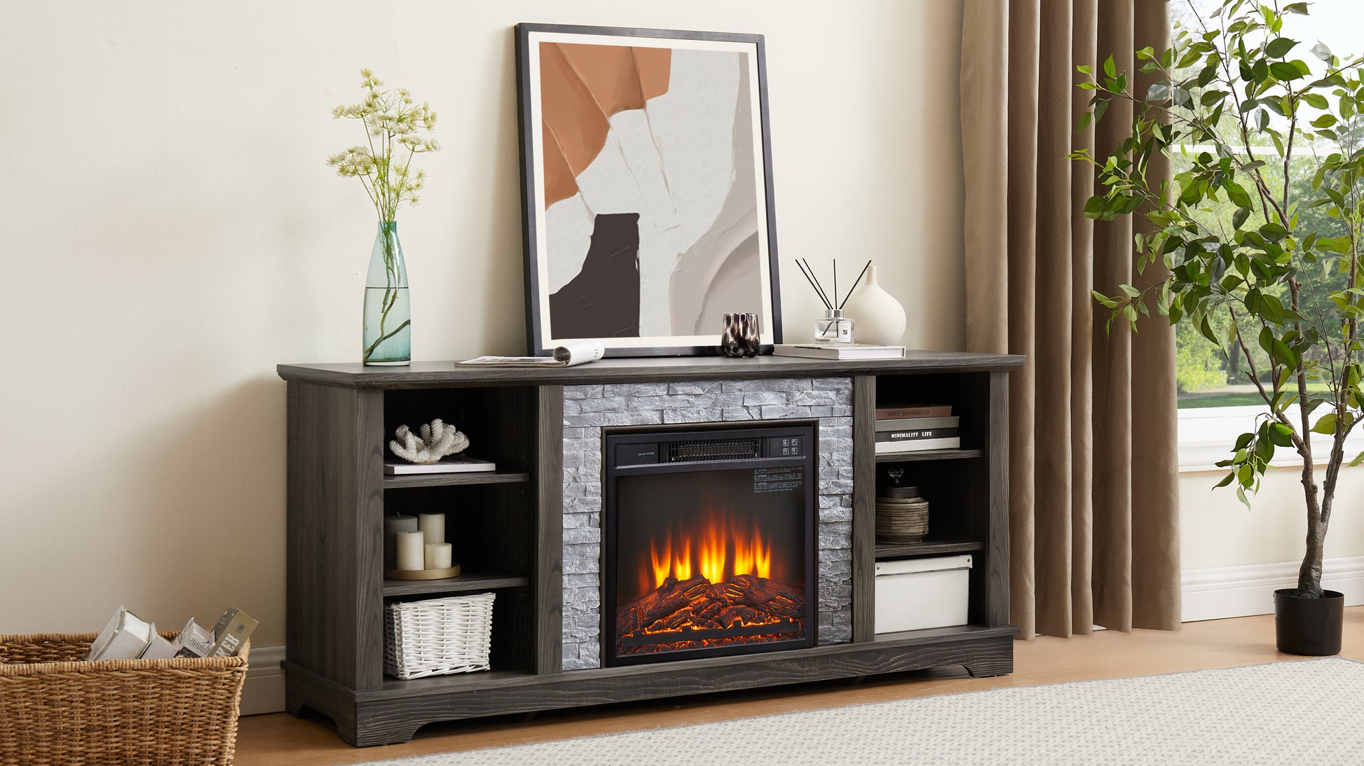 Mantel Electric Fireplace Stone Tv Media Stand With With Faux Stacked Stone Surround, Modern Entertainment Console With Open Storage Space,Grey, 58.31"W*15.39"D*26.06"H Grey 60 69 Inches Mdf