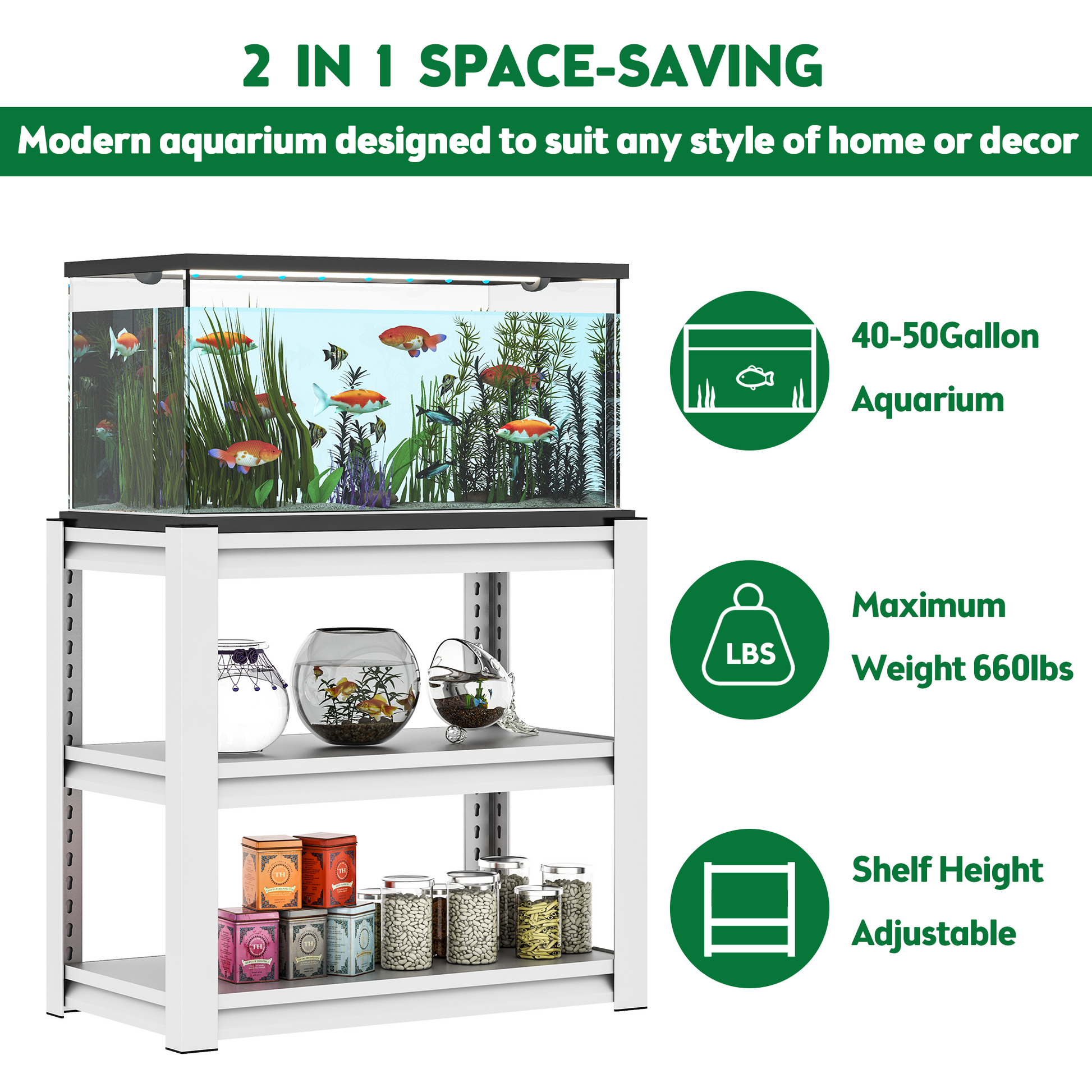 40 50 Gallon Fish Tank Stand Metal Aquarium Stand, 31.5 "L X 18 "W X 34"H Adjustable Heavy Duty Reptile Tank Stand, Adjustable 3 Tier Fish Tank Rack Shelf For Home Office, Tank Not Included 3 Antique White Standard Horizontal Primary Living Space Open