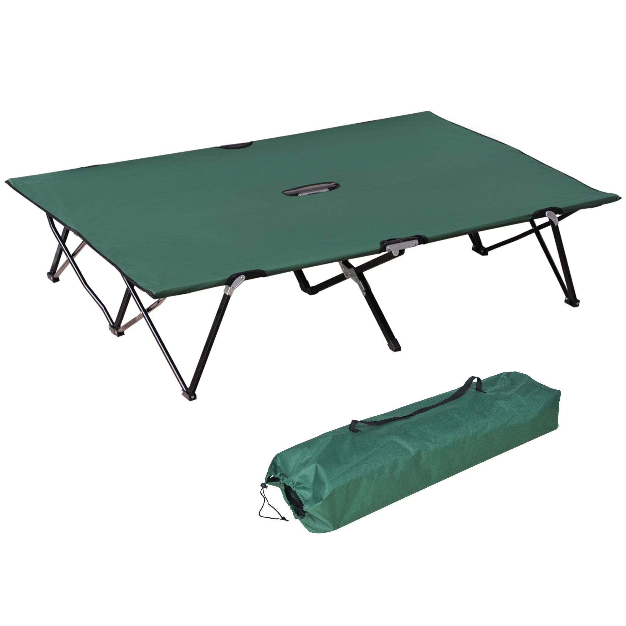 Outsunny 2 Person Folding Camping Cot For Adults, 50" Extra Wide Outdoor Portable Sleeping Cot With Carry Bag, Elevated Camping Bed, Beach Hiking, Green Green Steel