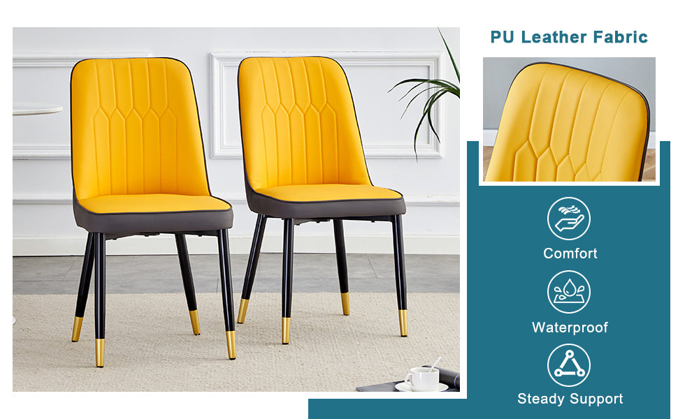 Table And Chair Set.This Modern Dining Table With Mdf Marbled Design Gives You A Luxurious And Elegant Feel.Paired With Multiple Chairs With Pu Artificial Leather Backrest Cushions And Black Legs. Yellow Black Seats 4 Mdf