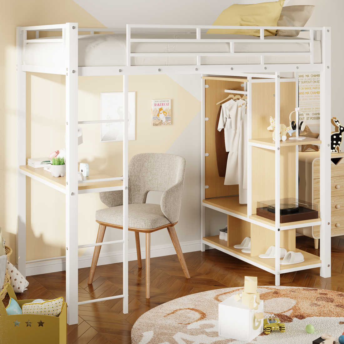 Twin Size Metal Loft Bed With Built In Wardrobe, Desk And Shelves, Black Expected Arrival Time: 9.3 Box Spring Not Required Twin White Metal Mdf Metal