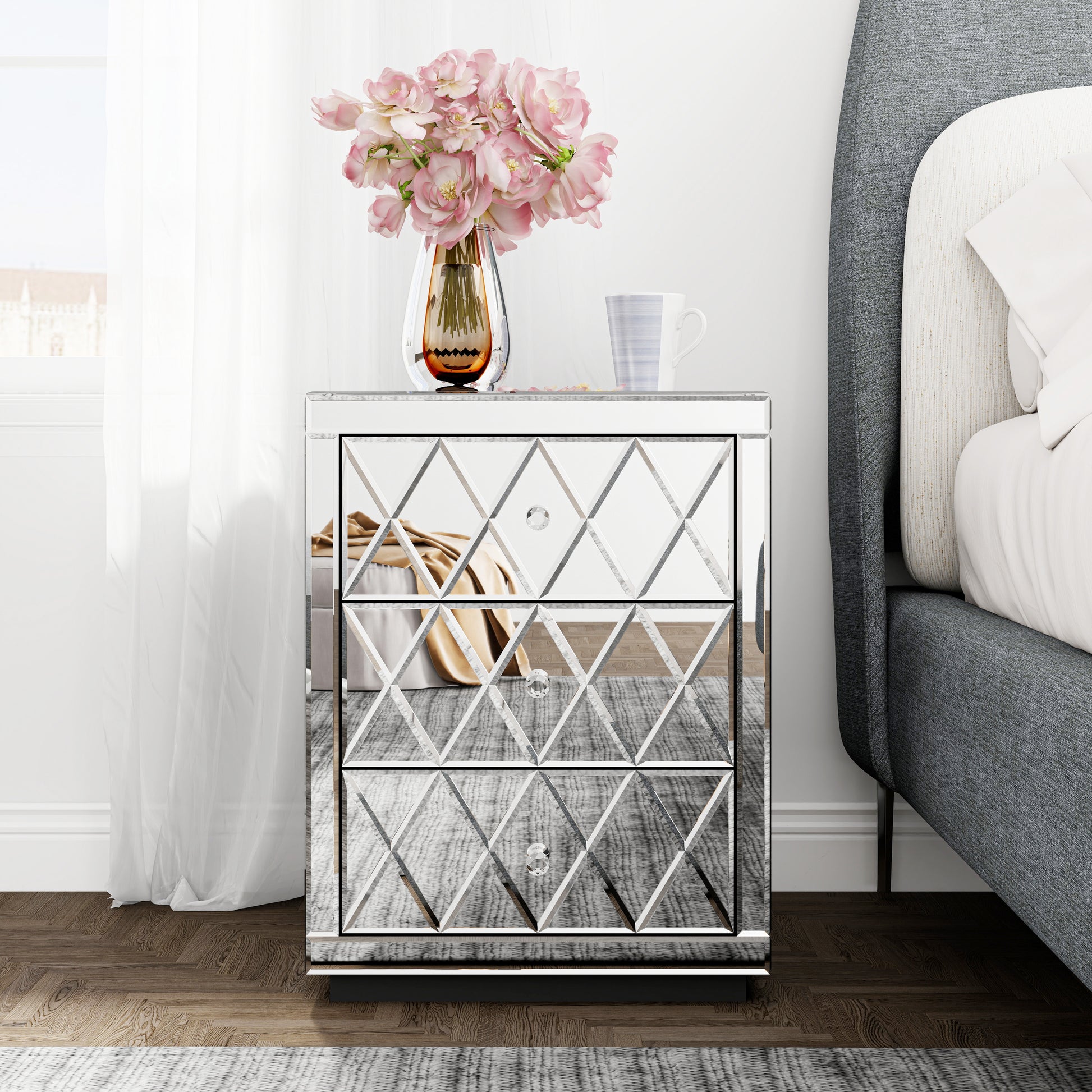 Table De Chevet Miroir Avec 3 Tiroirs, Table De Nuit Avec Grille Design, Chevet De Lit Pour S'Adapter Tous Les Lits Et Chambres Coucher, 66 X 44 X 35 Cm, Argent Silver 3 Drawers Bedroom Drawer