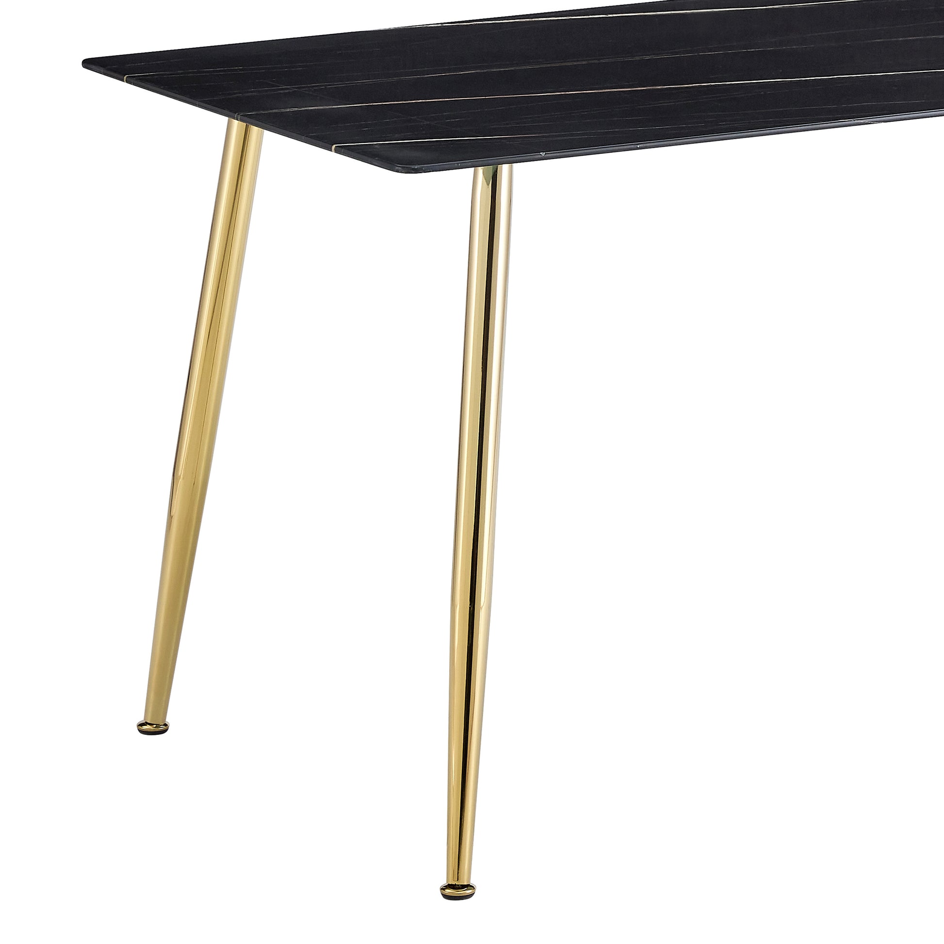 Table And Chair Set. 1 Table With 4 Gray Pu Chairs. Modern Minimalist Rectangular Black Imitation Marble Dining Table, With Golden Metal Legs. Paired With 4 Chairs With Golden Legs.Dt 1544 C001 Black Gold Glass Metal