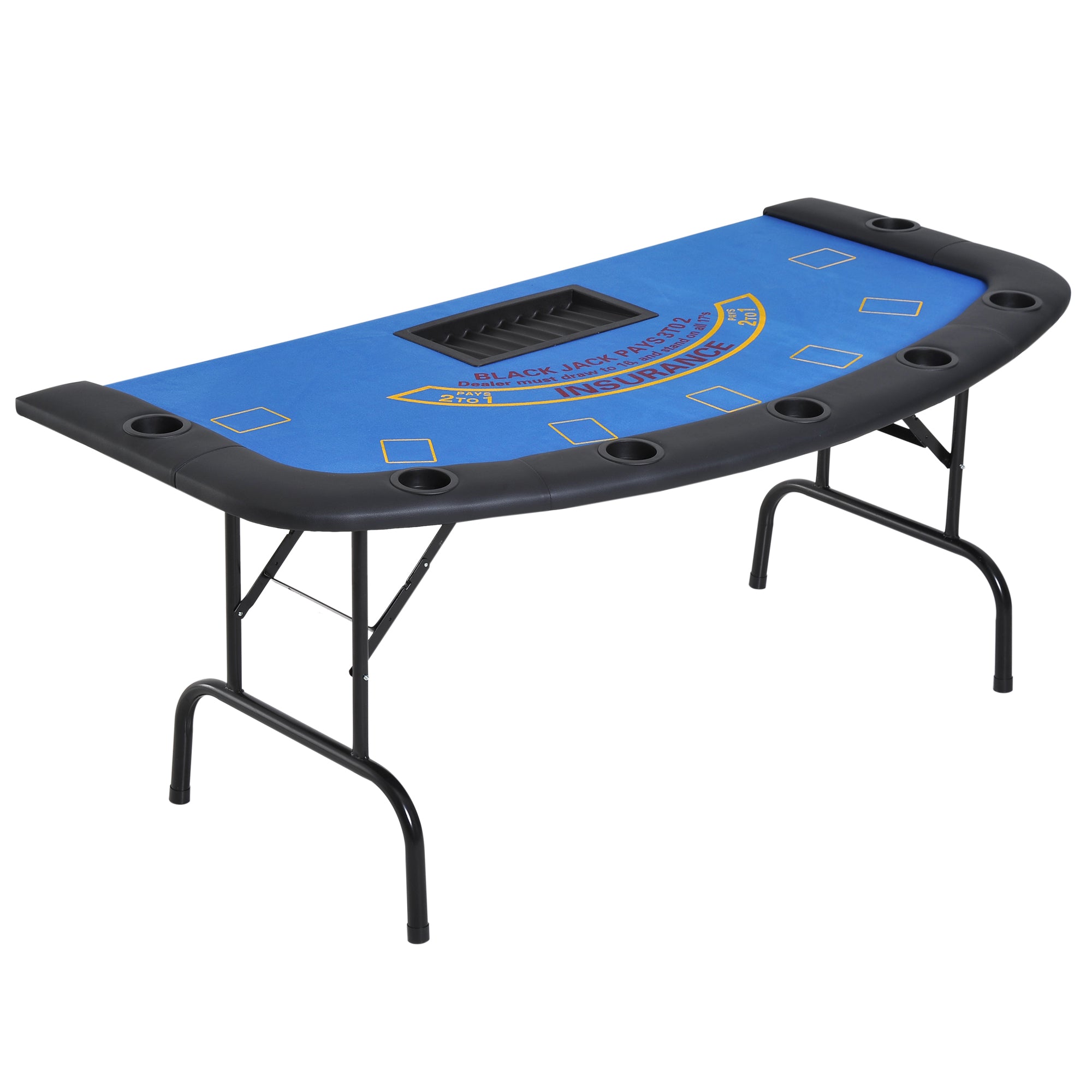 Soozier Poker Table Foldable, 72" Blackjack Table For 7 Players With Chip & Cup Holder, Blue Felt Blue Mdf Steel