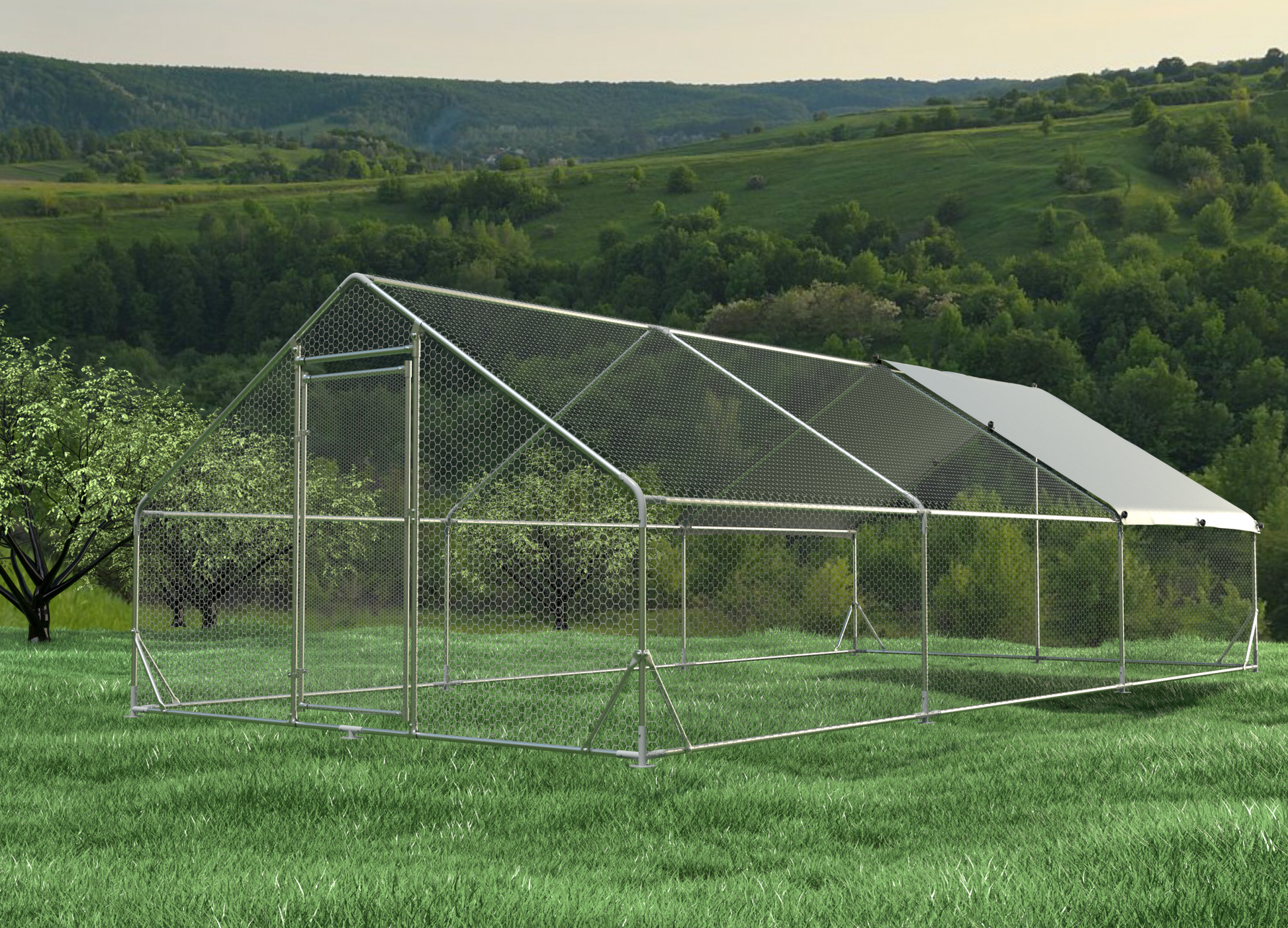 Large Metal Chicken Coop Walk In Poultry Cage Hen Run House Rabbits Habitat Cage Spire Shaped Coop With Waterproof And Anti Ultraviolet Cover 19.7' L X 9.8' W X 6.4' H Silver Metal