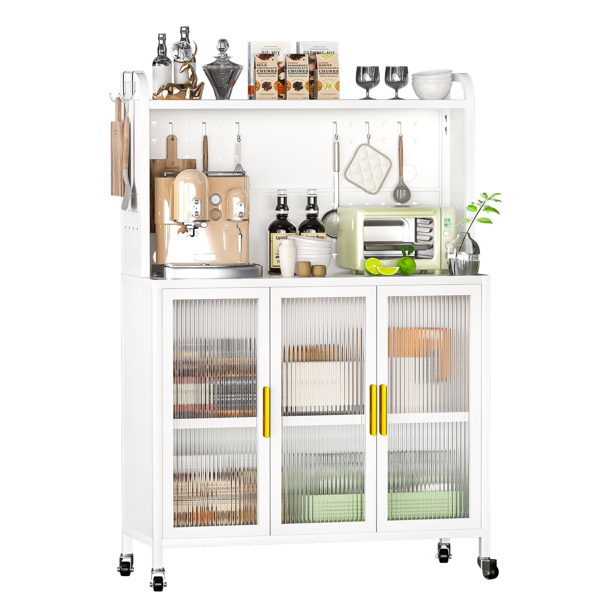 Carbon Steel Kitchen Storage Cabinets, Microwave Stand, Bakers Racks For Kitchens With Storage, Microwave Cart, Transparent Flap Door Design Kitchen Storage Shelves Free Screws 4 Tiers White White Metal