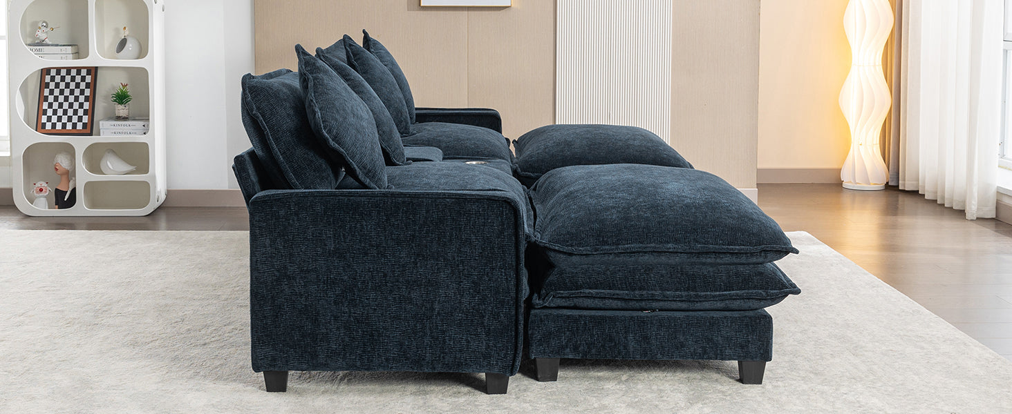 112.6" Sectional Sofa Chenille Upholstered Sofa With Two Removable Ottoman, Two Usb Ports, Two Cup Holders And Large Storage Box For Living Room, Blue Blue Foam Chenille 2 Seat