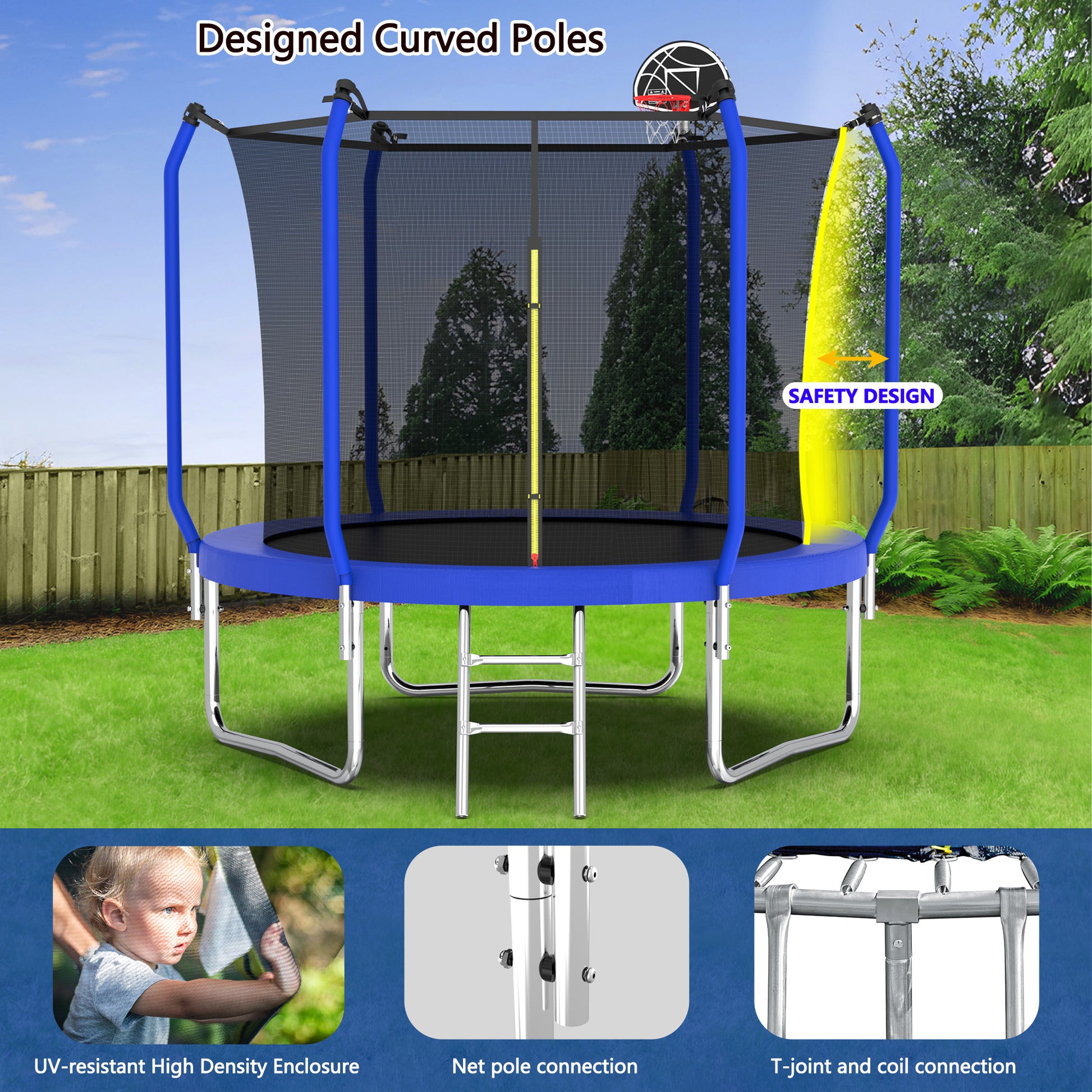 10Ft Trampoline With Basketball Hoop, Astm Approved Reinforced Type Outdoor Trampoline With Enclosure Net Blue Steel