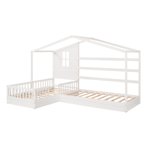 Wood House Bed Twin Size, 2 Twin Solid Bed L Structure With Fence And Slatted Frame, White Twin White Plywood