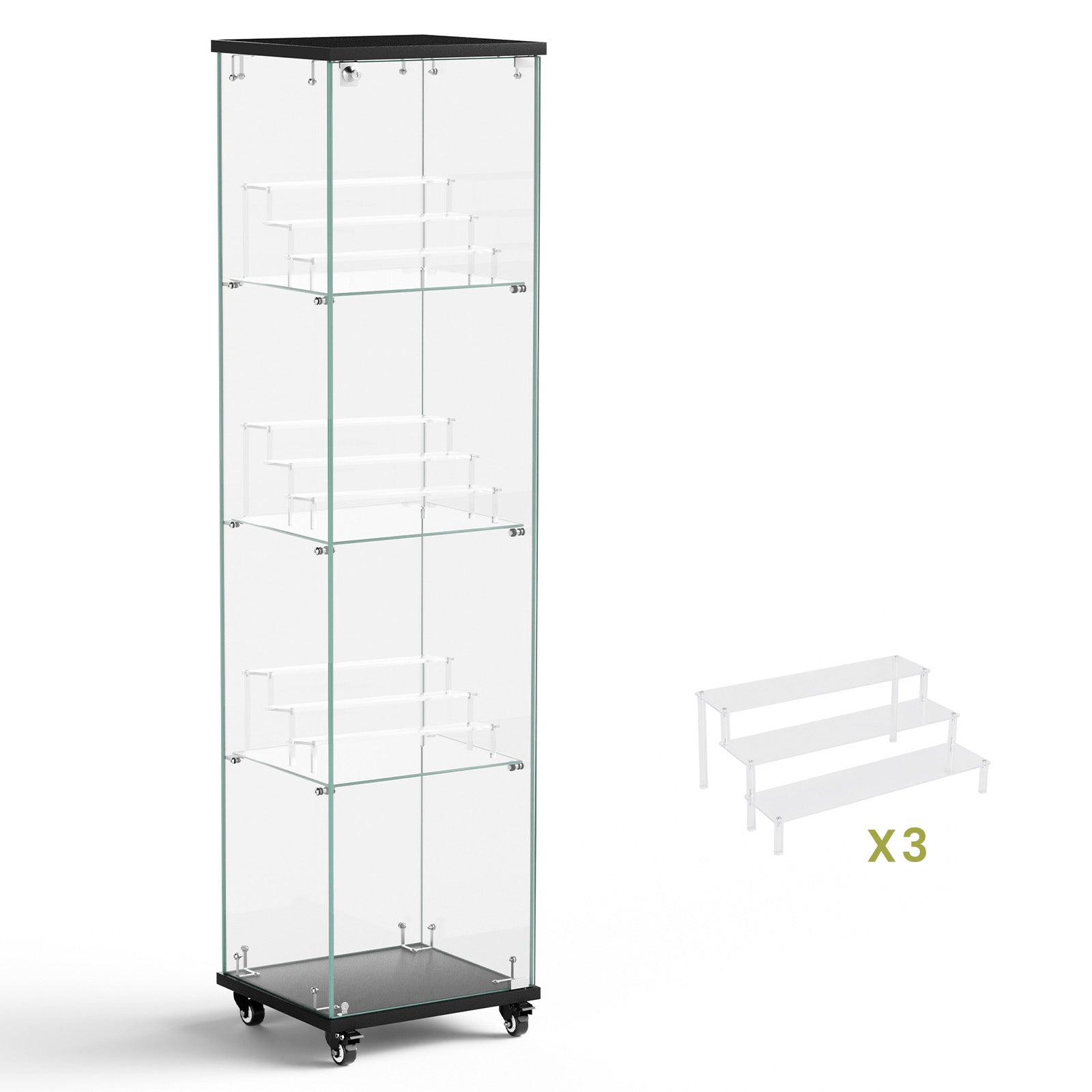 4 Tier Glass Display Cabinet, Single Door Glass Cabinet With Lock And Wheels, Floor Standing Storage Cabinet With 3 Acrylic Shelves For Living Room, Bedroom And Office, Black, 15.8"L X 14.2"W X