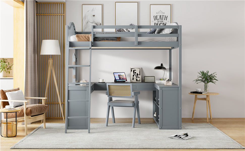 Full Wooden Loft Bed With U Shaped Desk,Storage Compartments And Tri Fold Mirror, Gray Gray Plywood,Solid Wood Mdf