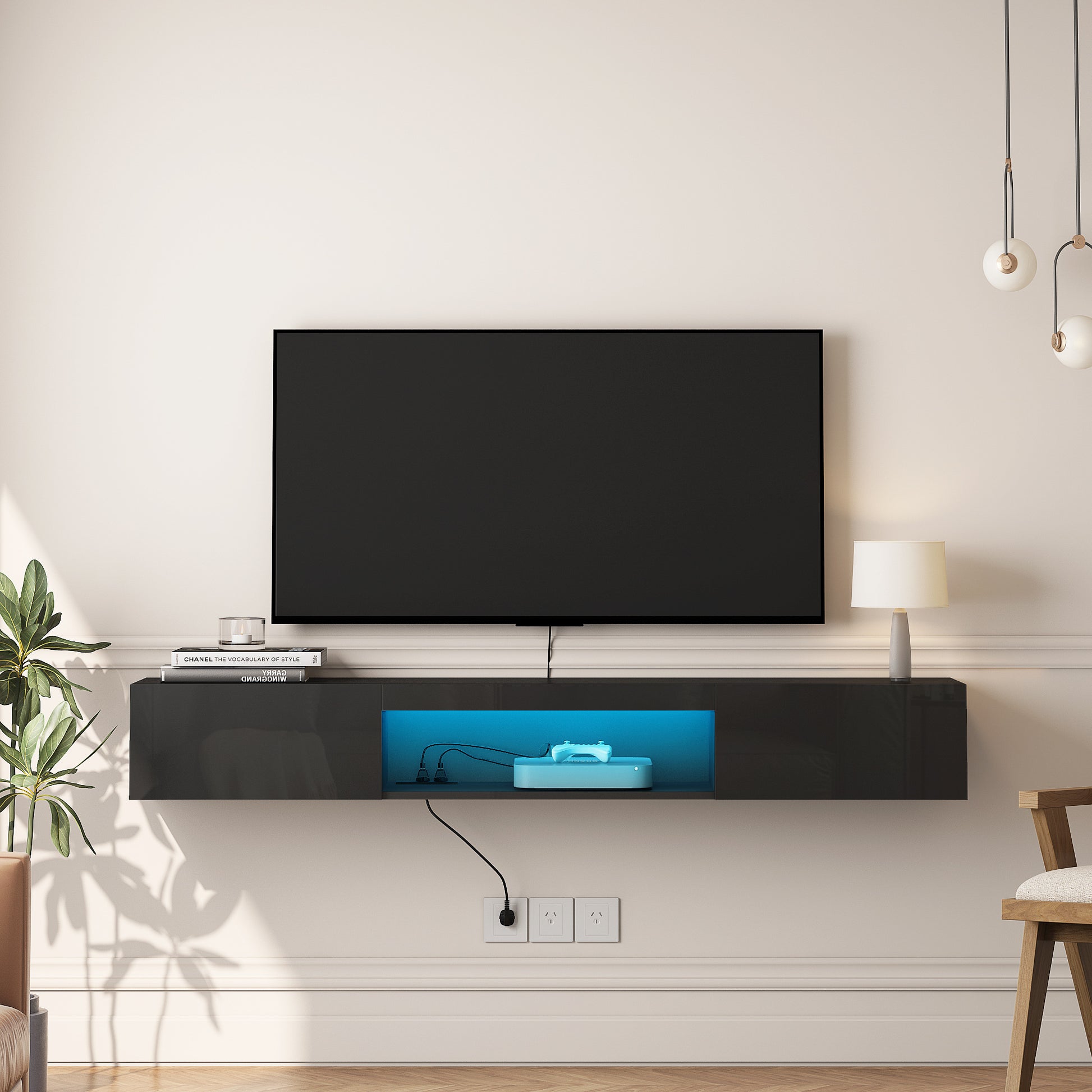 Floating Tv Stand Wall Mounted With 20 Color Leds,63" Modern Tv Stand, Floating Tv Cabinet Entertainment Center For 55 60 65 Inch Tv,Black Black 60 69 Inches Mdf