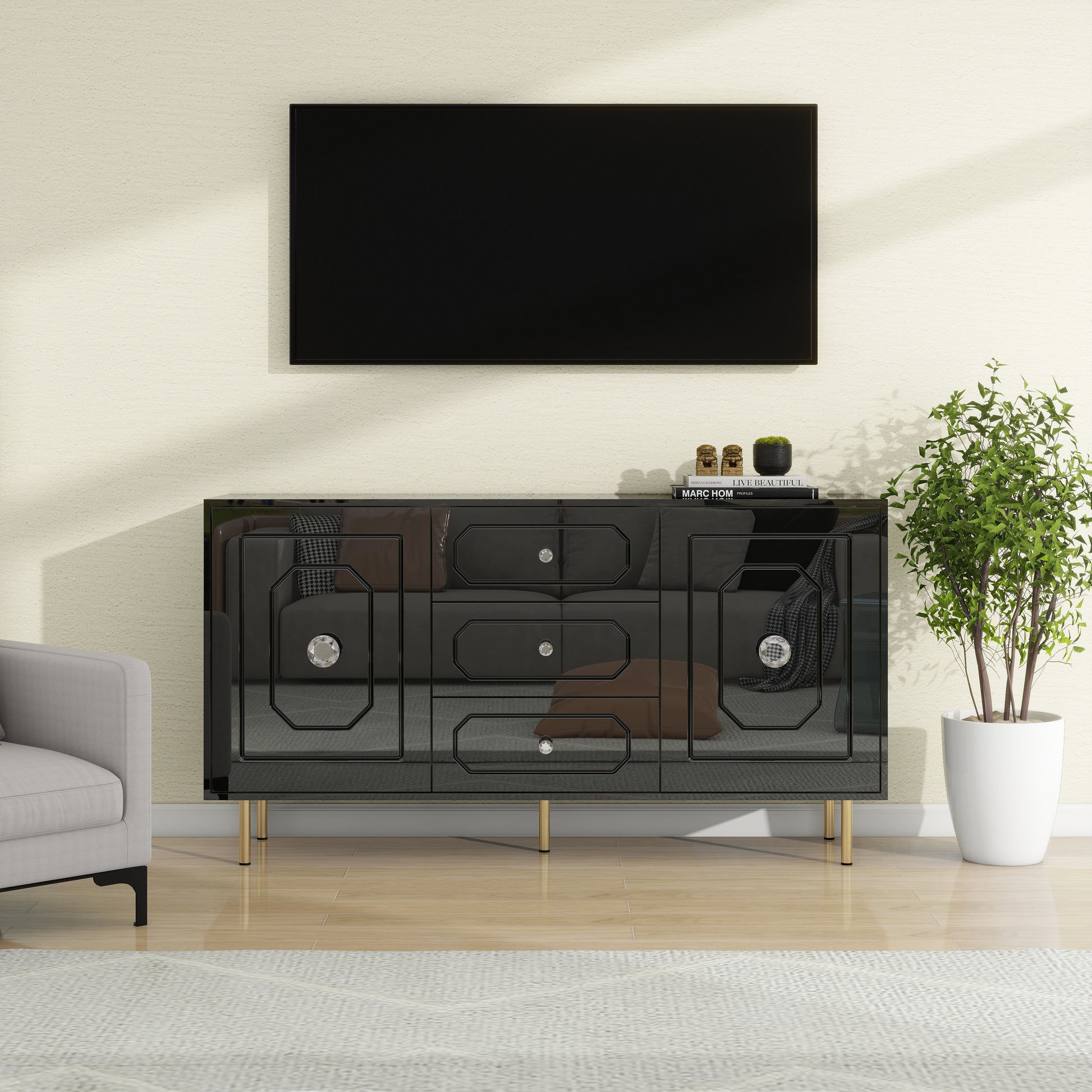 59" 2 Door 3 Drawers Wood Black High Gloss Finish Sideboard Black Dining Room Minimalist,Modern Soft Close Doors Mdf