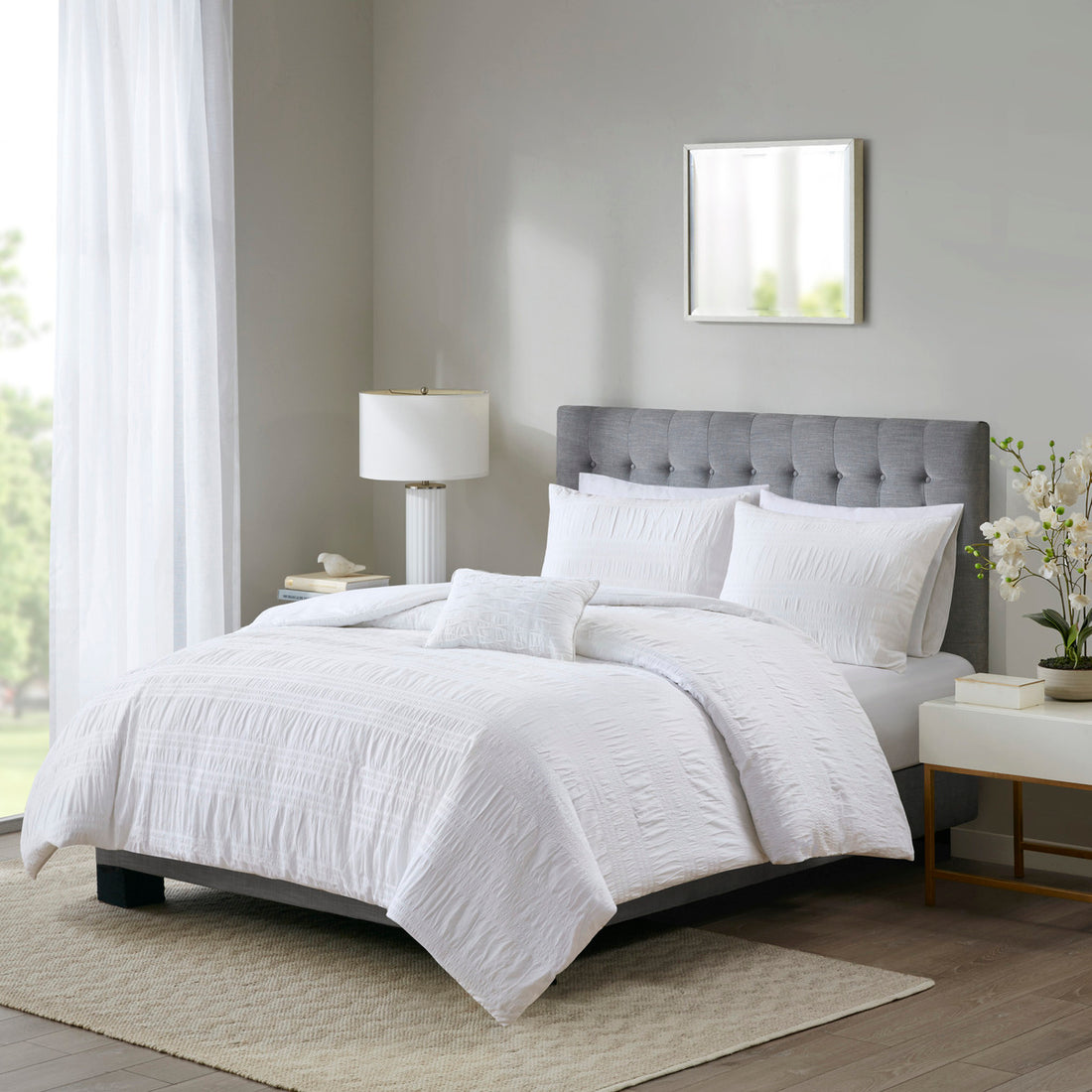 4 Piece Cotton Seersucker Duvet Cover Set King White Cotton