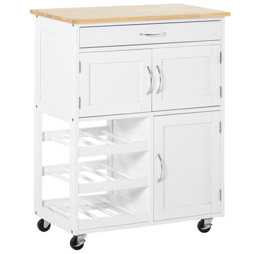 Homcom Bar Cart Rolling Kitchen Island On Wheels With Wine Rack White Rubber Wood